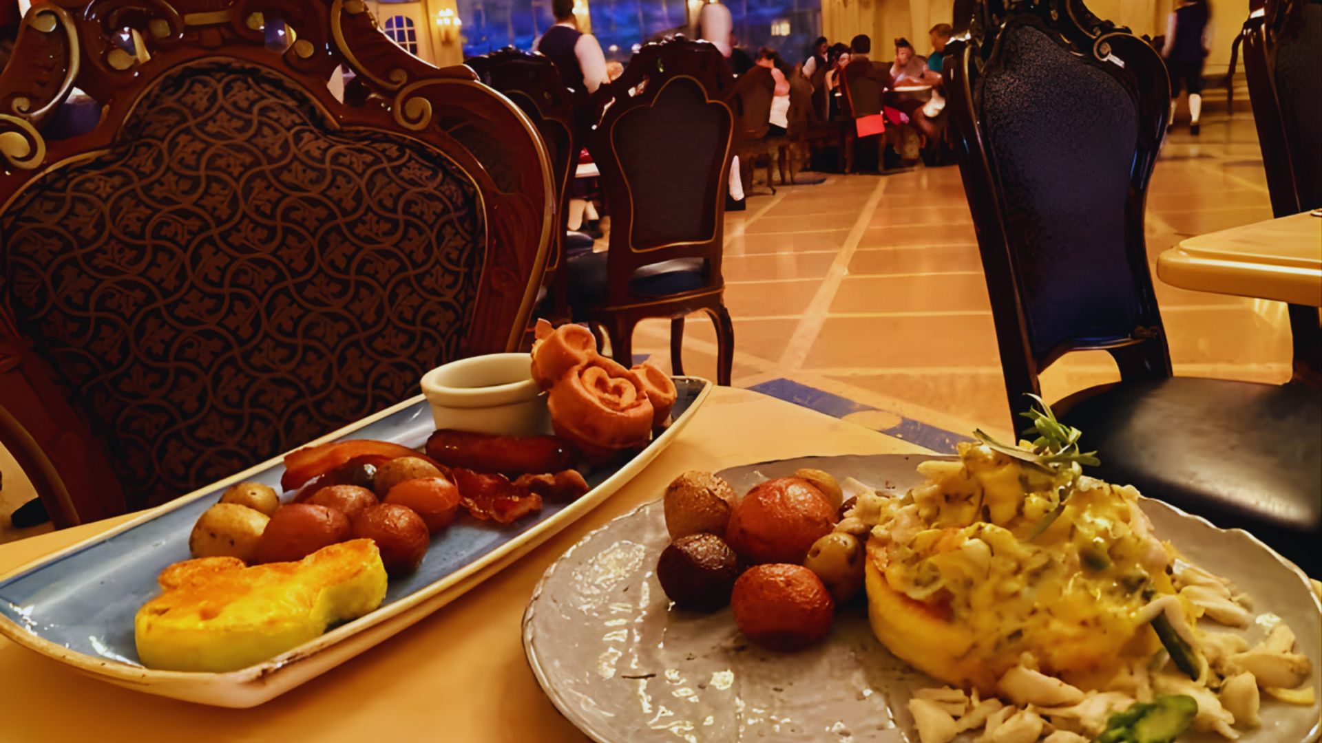 A dining table adorned with food items and accompanied by a chair, inviting for a meal.