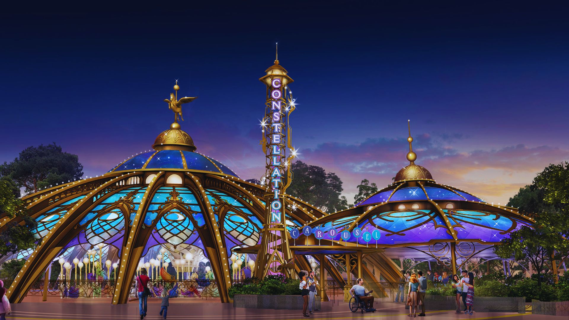 A panoramic view of the new Disneyland Resort in China, showcasing vibrant attractions and lush landscaping.