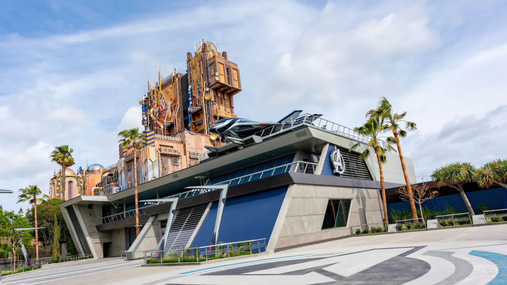 The Marvel Tower at Disney's Hollywood Studios, featuring vibrant colors and iconic superhero imagery.