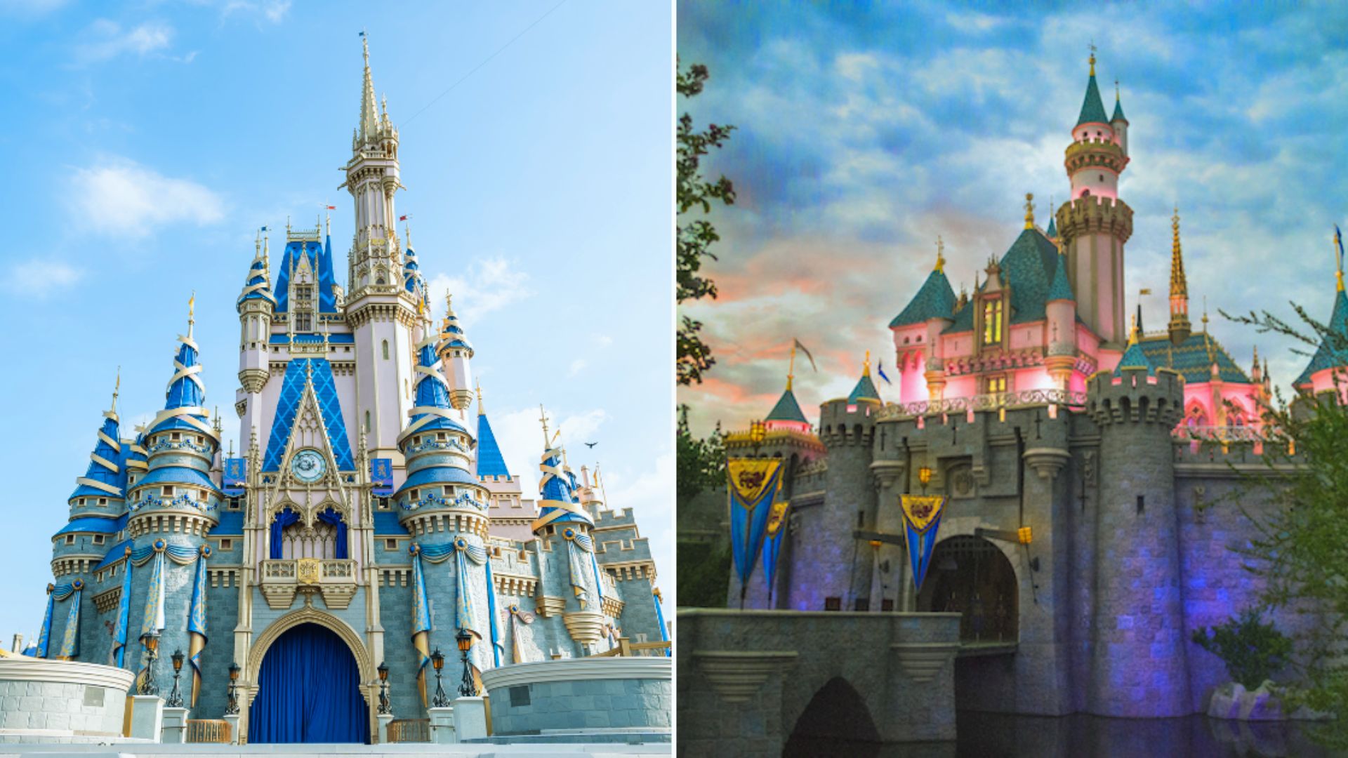 Two images showcasing Cinderella Castle and the iconic castle at Disney World, highlighting their enchanting architecture.