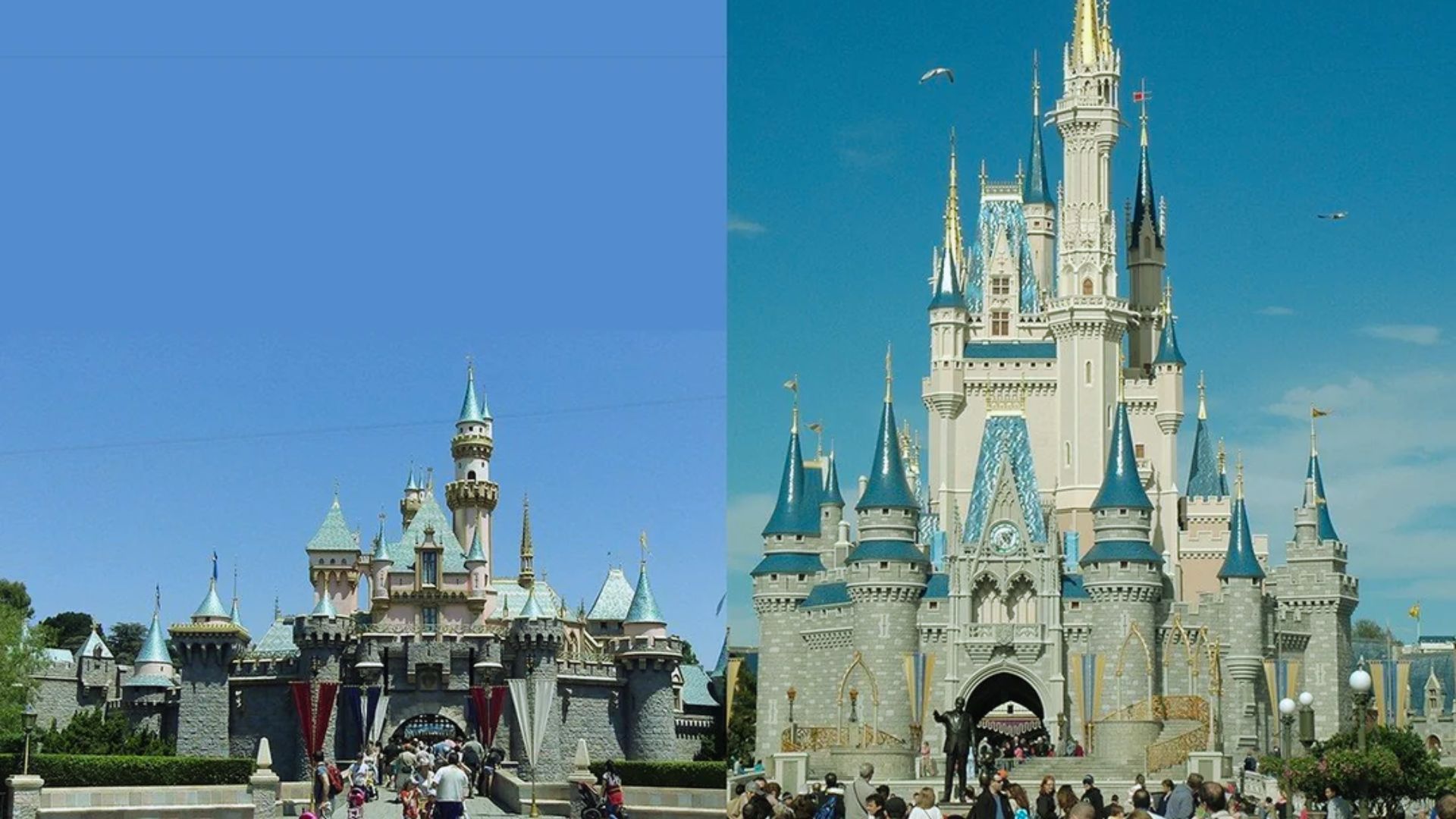 Two images showcasing Cinderella Castle and the iconic castle at Disney World, highlighting their enchanting architecture.