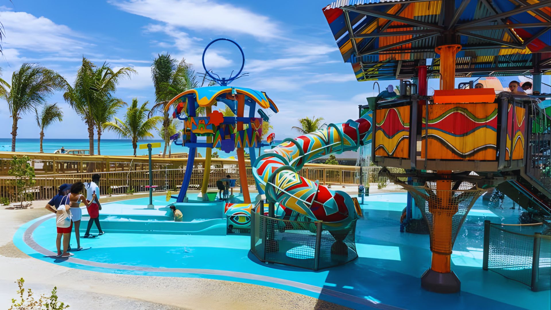 A vibrant water park featuring colorful slides and pools, inviting visitors to enjoy a fun-filled day of water activities.