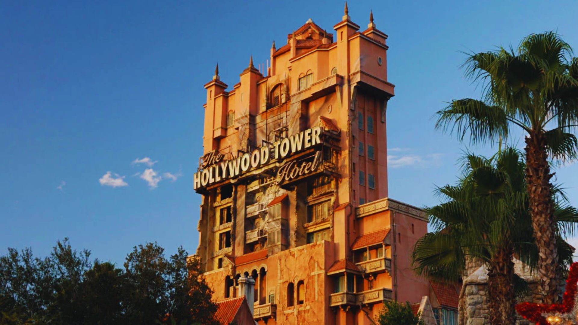 The Hollywood Tower Hotel stands prominently in this photo, showcasing its iconic architecture and eerie atmosphere.