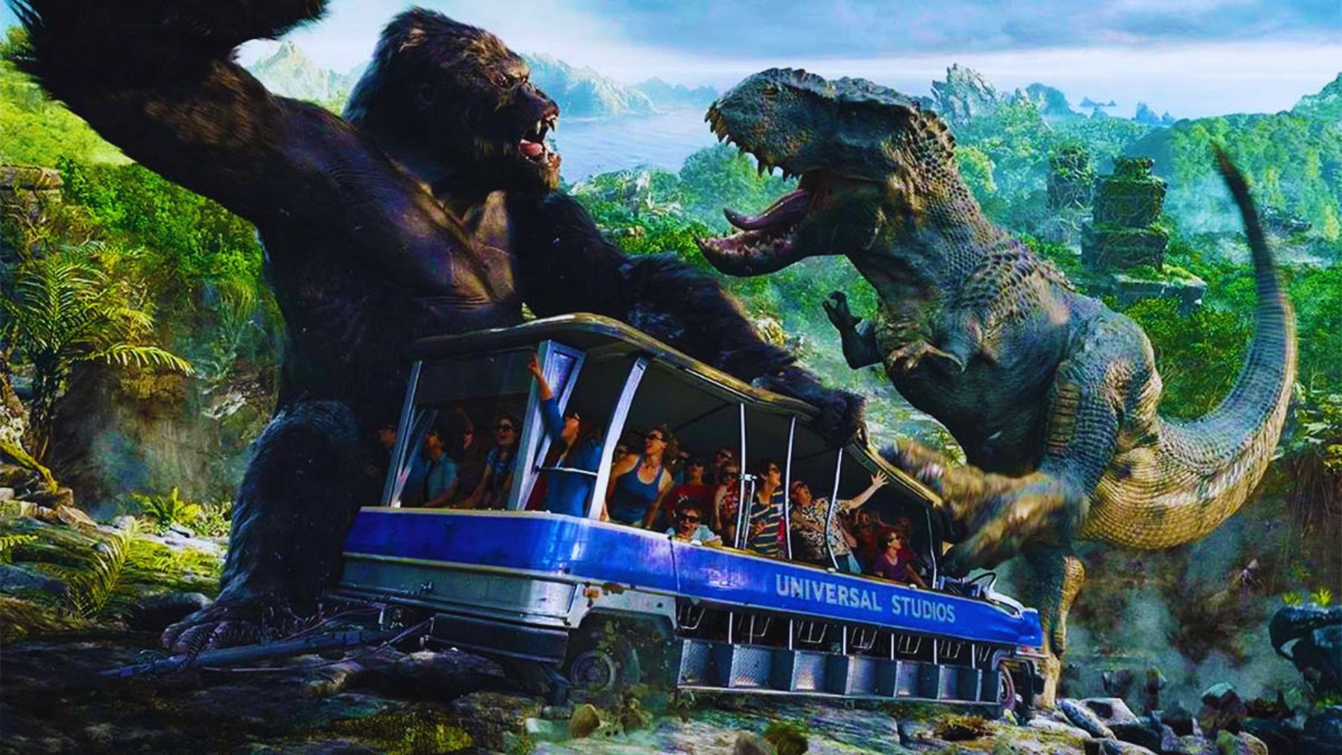 The King Kong ride at Universal Studios, featuring a massive animatronic Kong amidst a thrilling jungle setting.