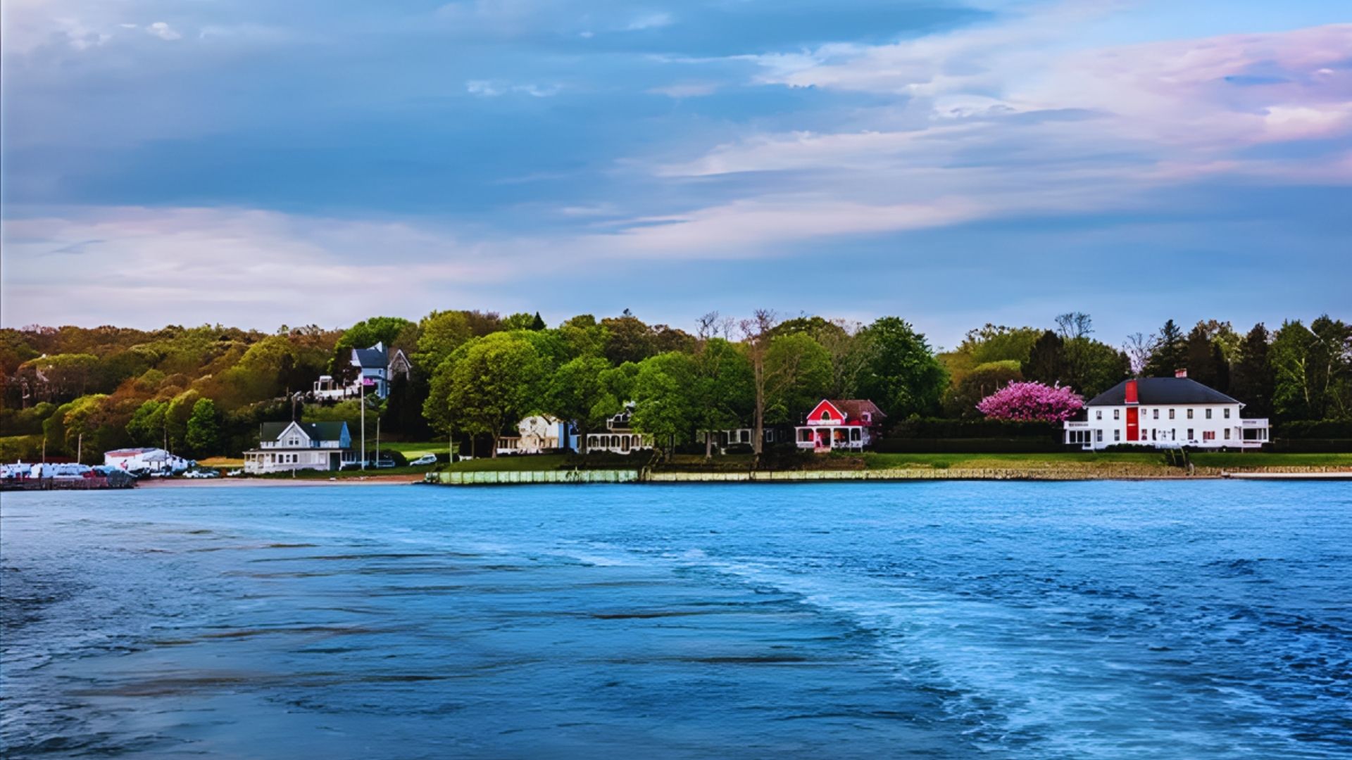 A boat glides down the river, with houses lining the shore in the background.