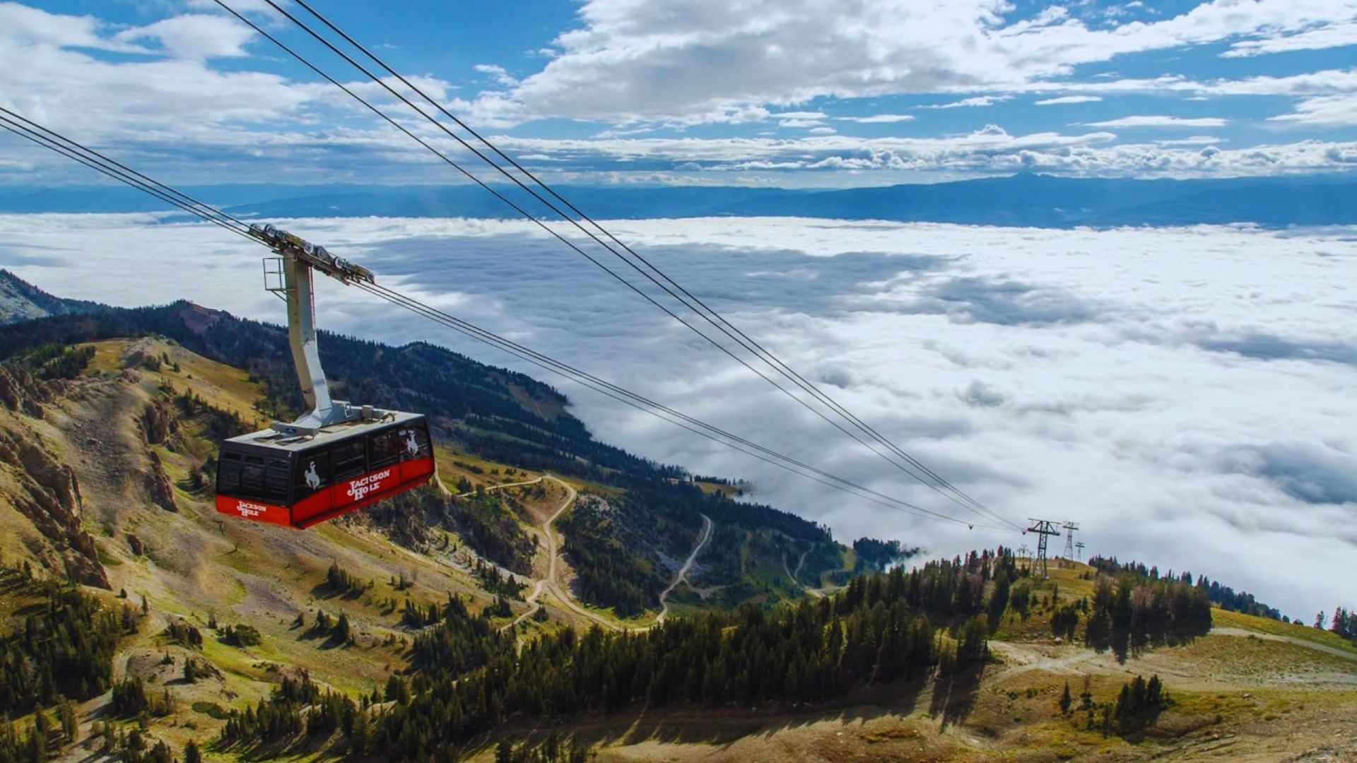 A cable car ascends a mountain, surrounded by clouds drifting below it.