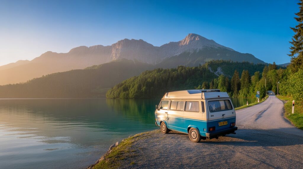 Why Slovenia is perfect for a campervan road trip A van parked by a serene lake, with majestic mountains rising in the background under a clear blue sky.