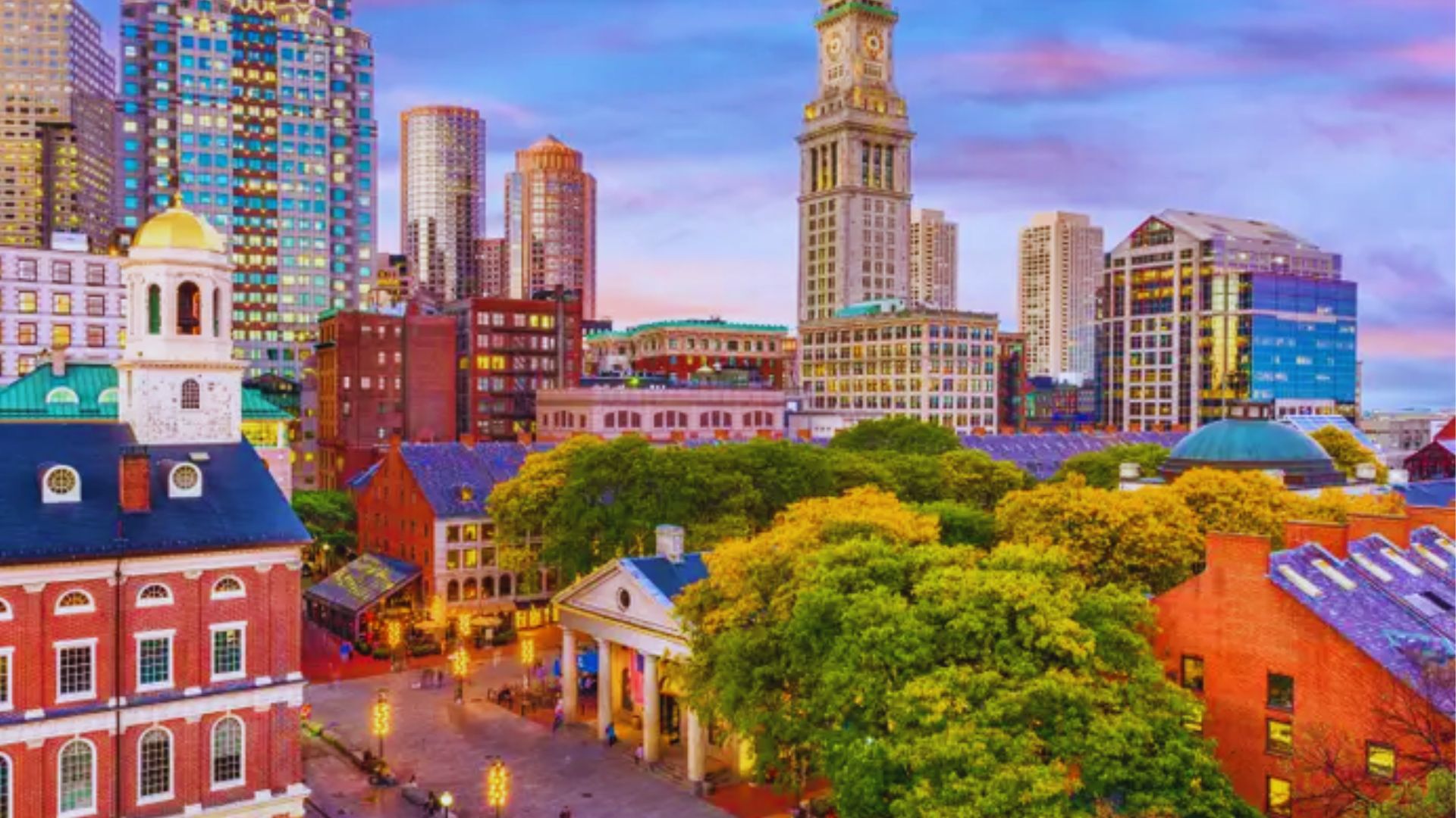 The skyline of Boston is visible in the background, showcasing its iconic buildings and urban landscape.
