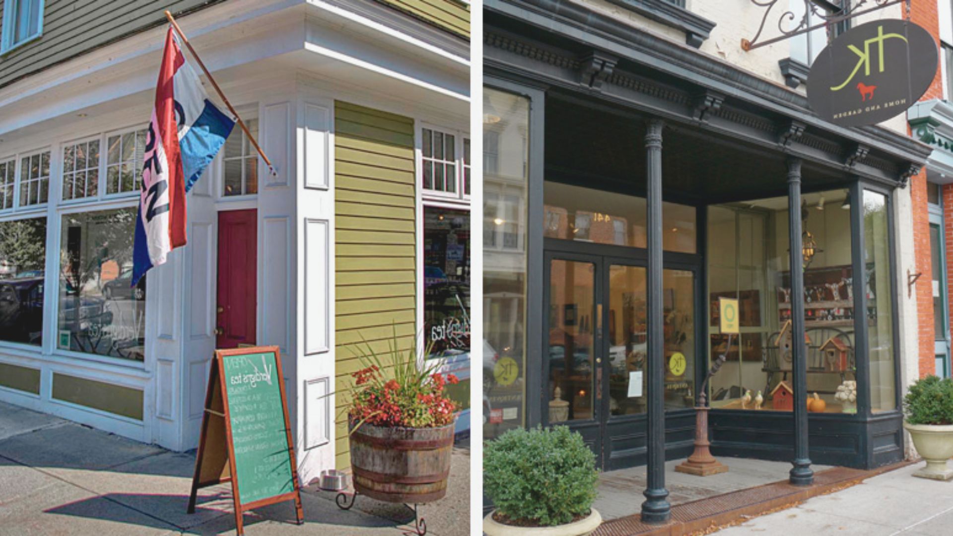 Two images showing a store front and the adjacent sidewalk, highlighting the entrance and pedestrian area.