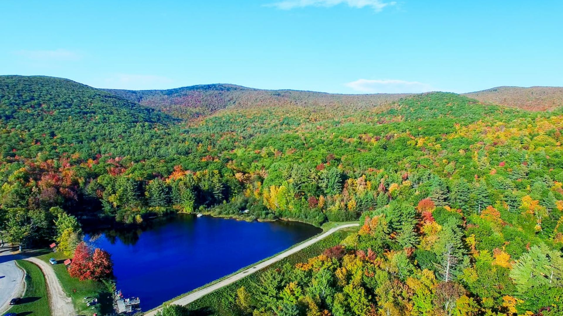 Aerial view of a serene lake encircled by lush green trees, showcasing the beauty of nature from above.