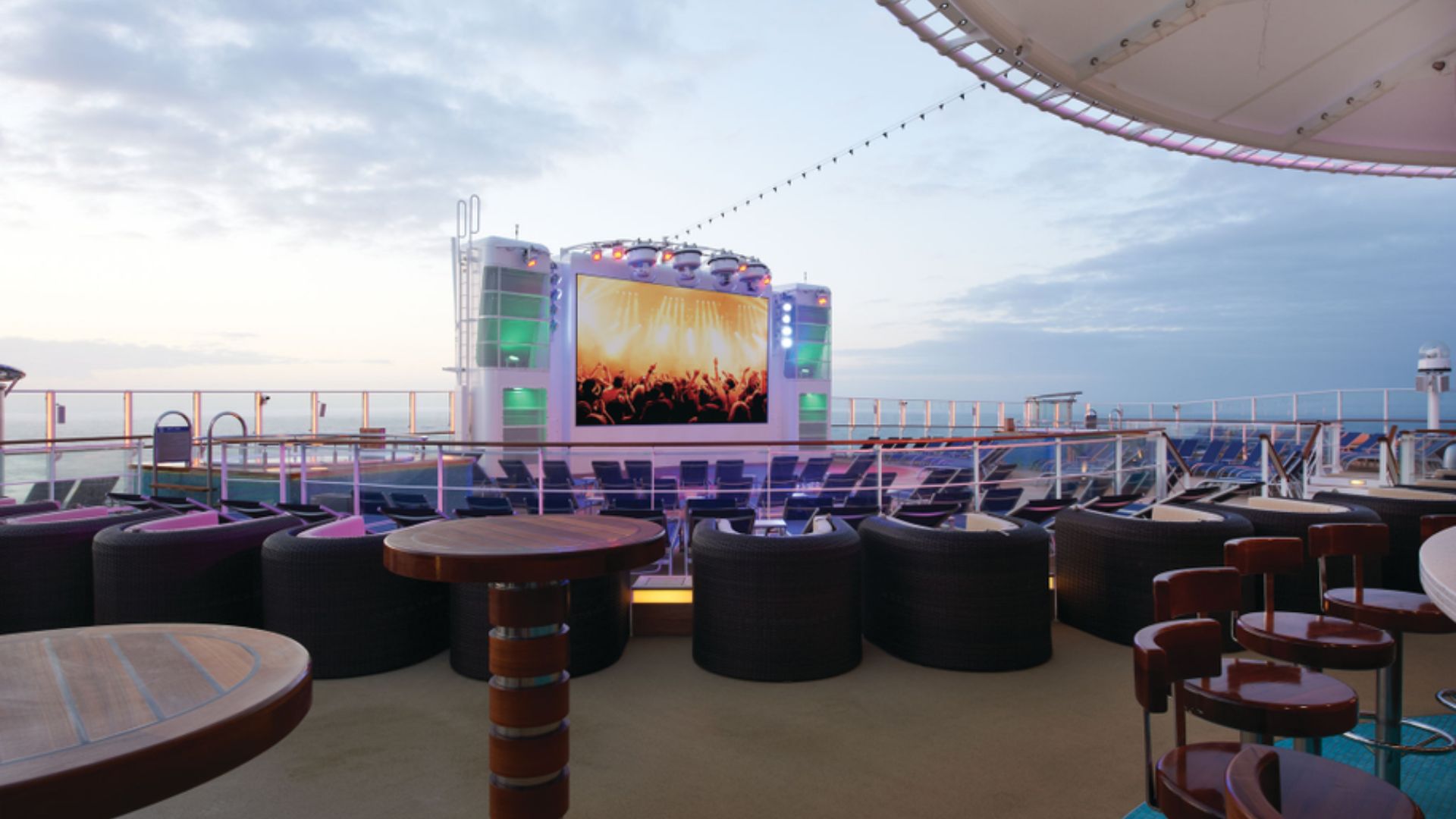 A spacious outdoor screen on a cruise ship, showcasing entertainment for guests while they relax on board.