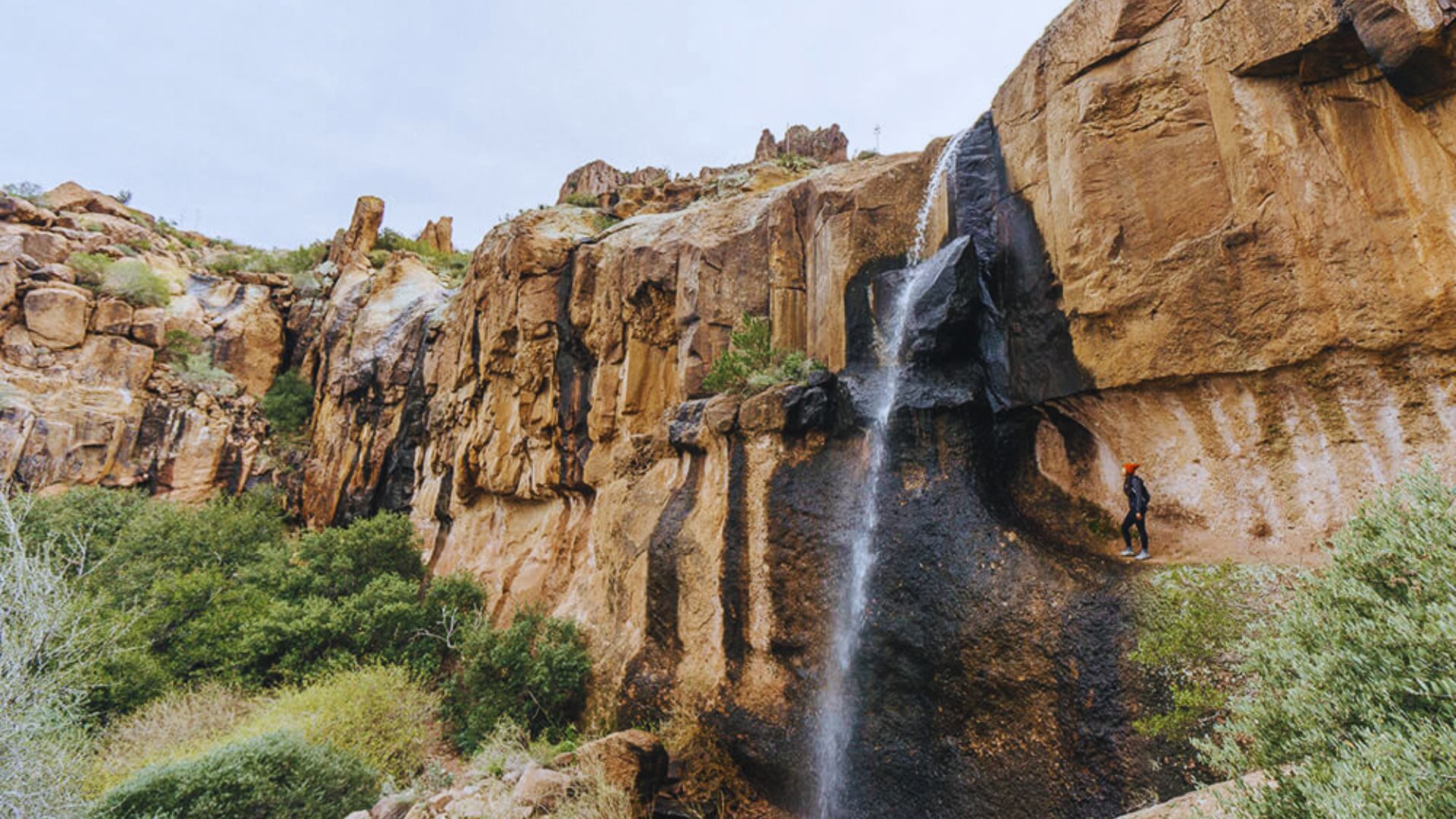 A man stands on a rock beside a cascading waterfall, surrounded by lush greenery and mist from the water.