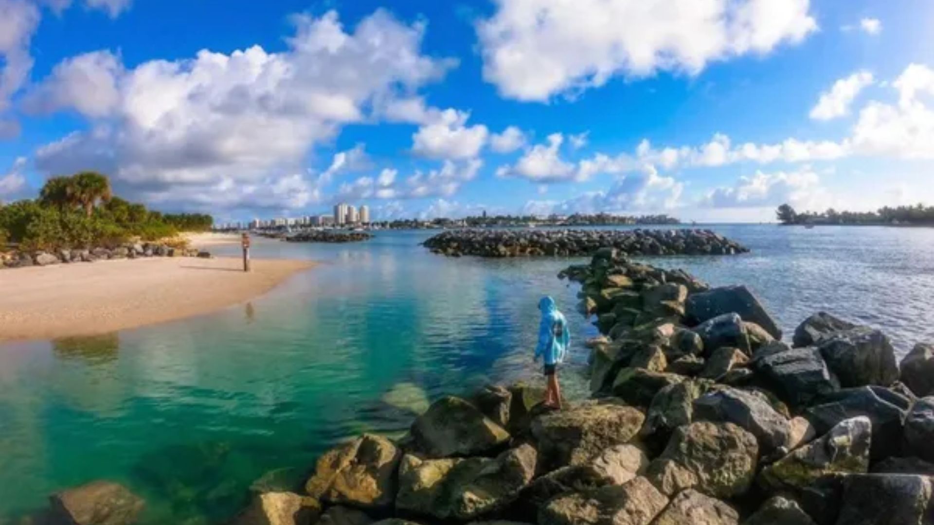 A scenic beach with rocks and water, set against the backdrop of a bustling city skyline.