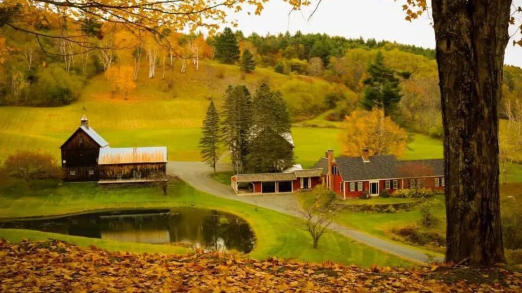 19 Best Places to See Fall Foliage in New England A picturesque farm scene featuring a tranquil pond and colorful trees in autumn foliage.