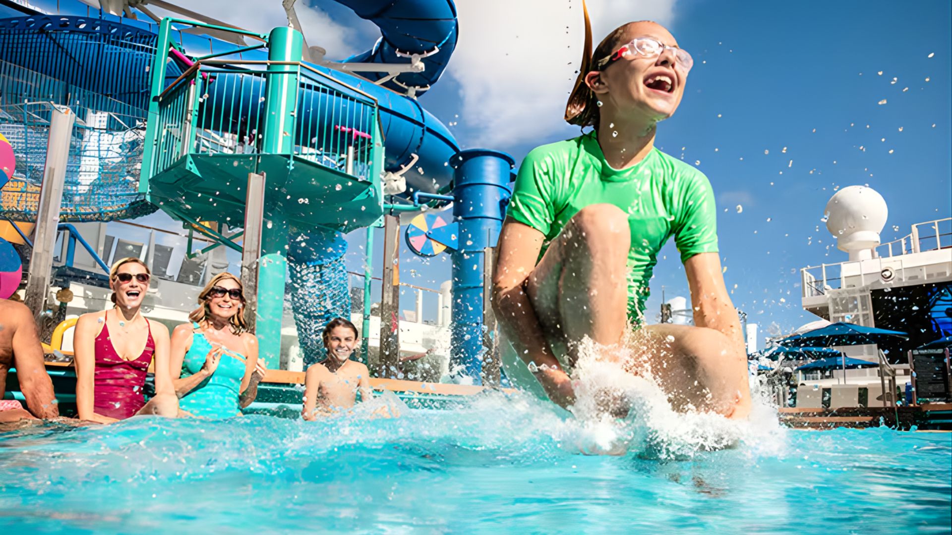 A young girl joyfully jumps into the water from a cruise ship, capturing a moment of excitement and adventure.
