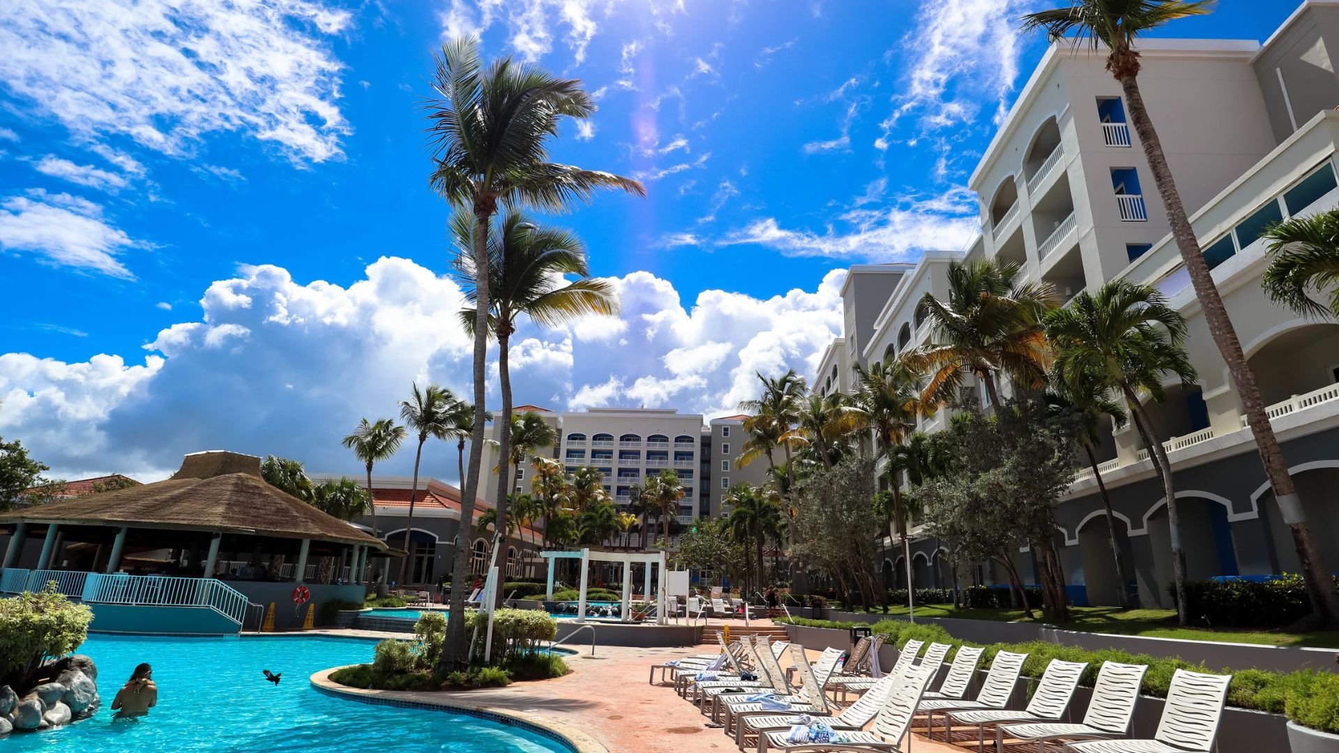 A hotel pool with inviting lounge chairs and palm trees, offering a tranquil setting for guests to unwind.