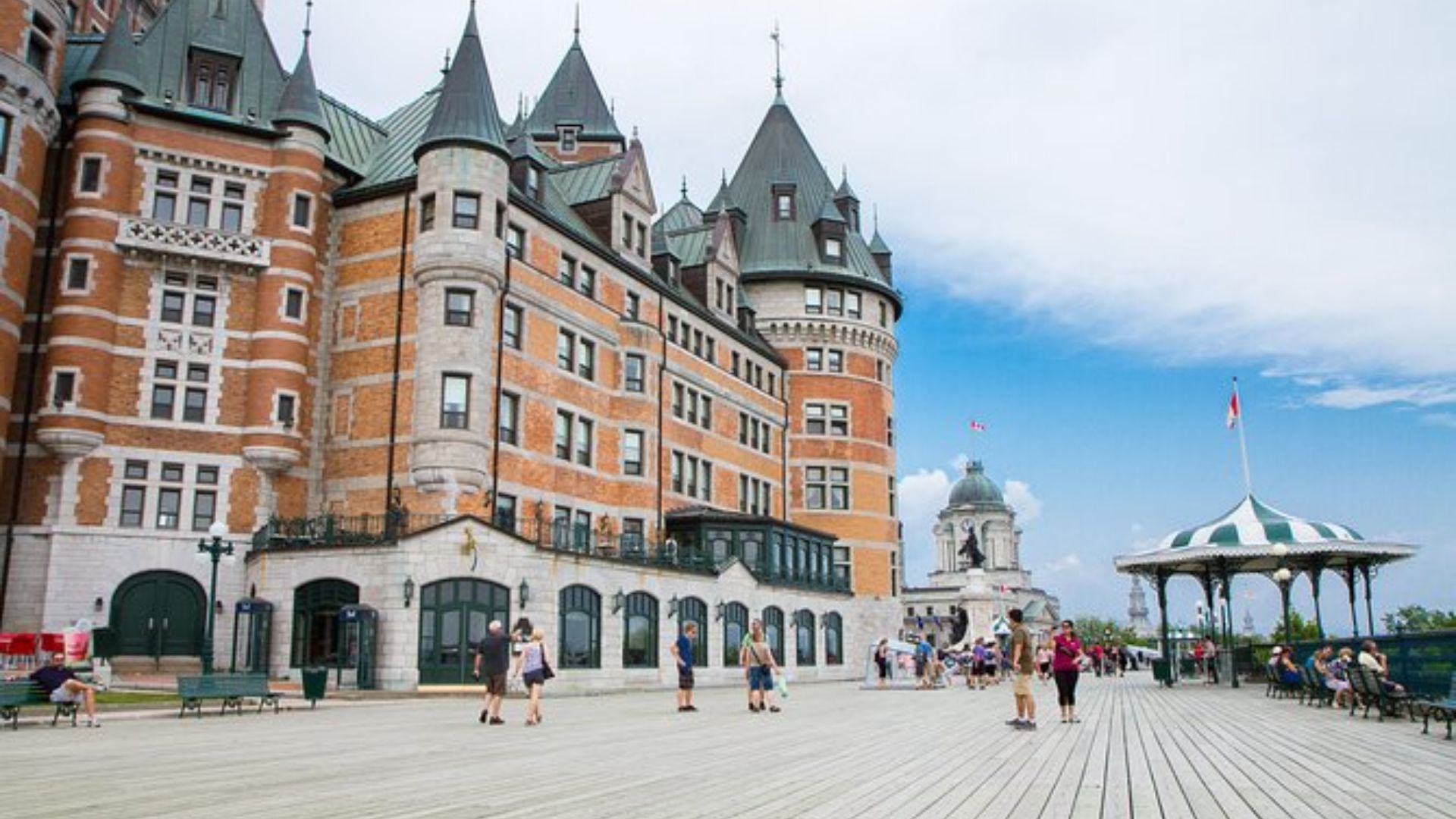 Chateau Frontenac in Quebec, a historic hotel with distinctive architecture, overlooking the St. Lawrence River.