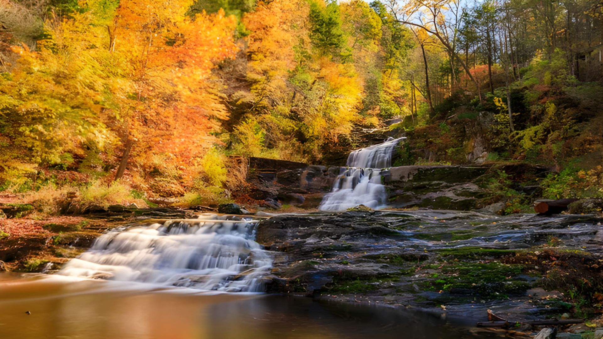 A serene waterfall cascades through vibrant fall foliage in a tranquil wooded setting.