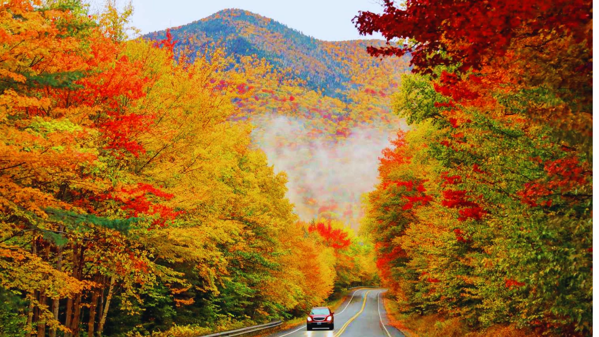 A scenic autumn road winding through colorful mountain foliage under a clear blue sky.
