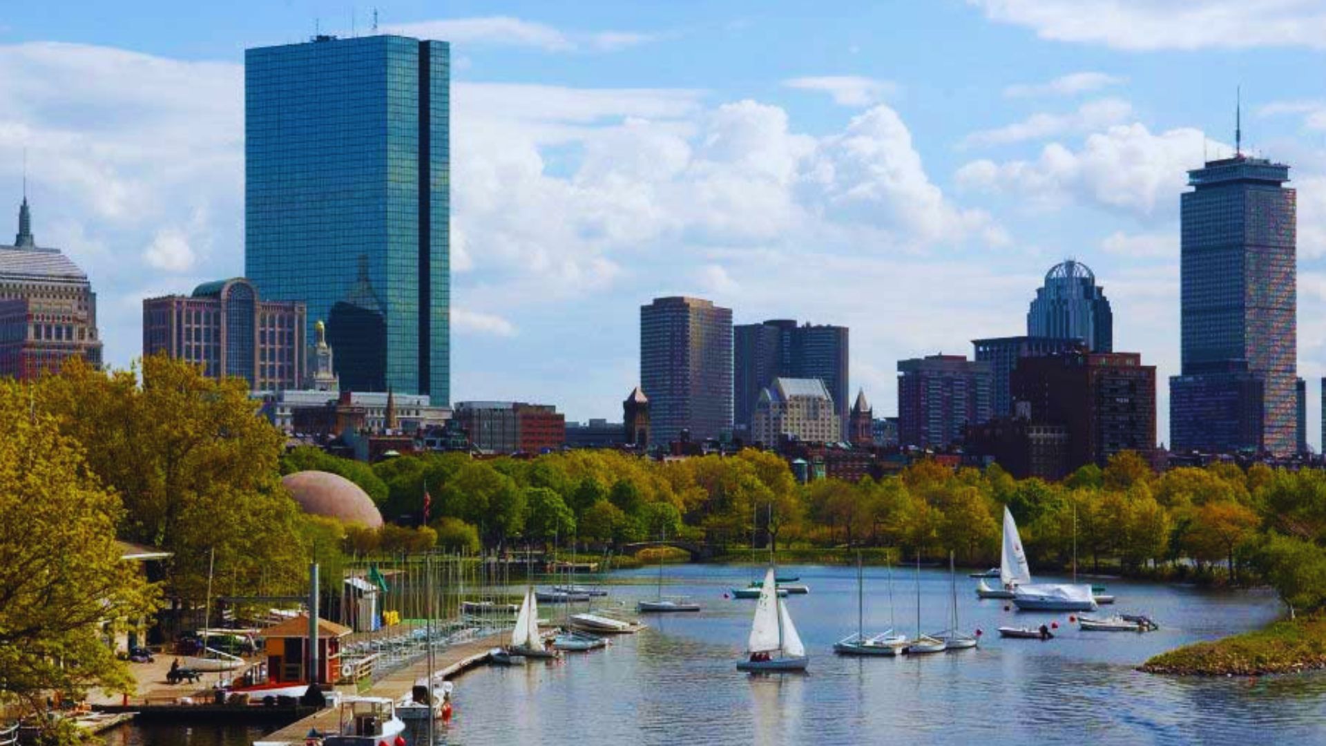 Boston skyline with tall buildings and boats sailing on the water under a clear blue sky.