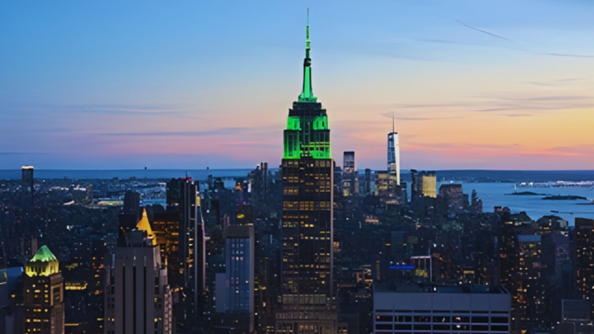 The Empire State Building shines green as the sun sets, casting a colorful backdrop.