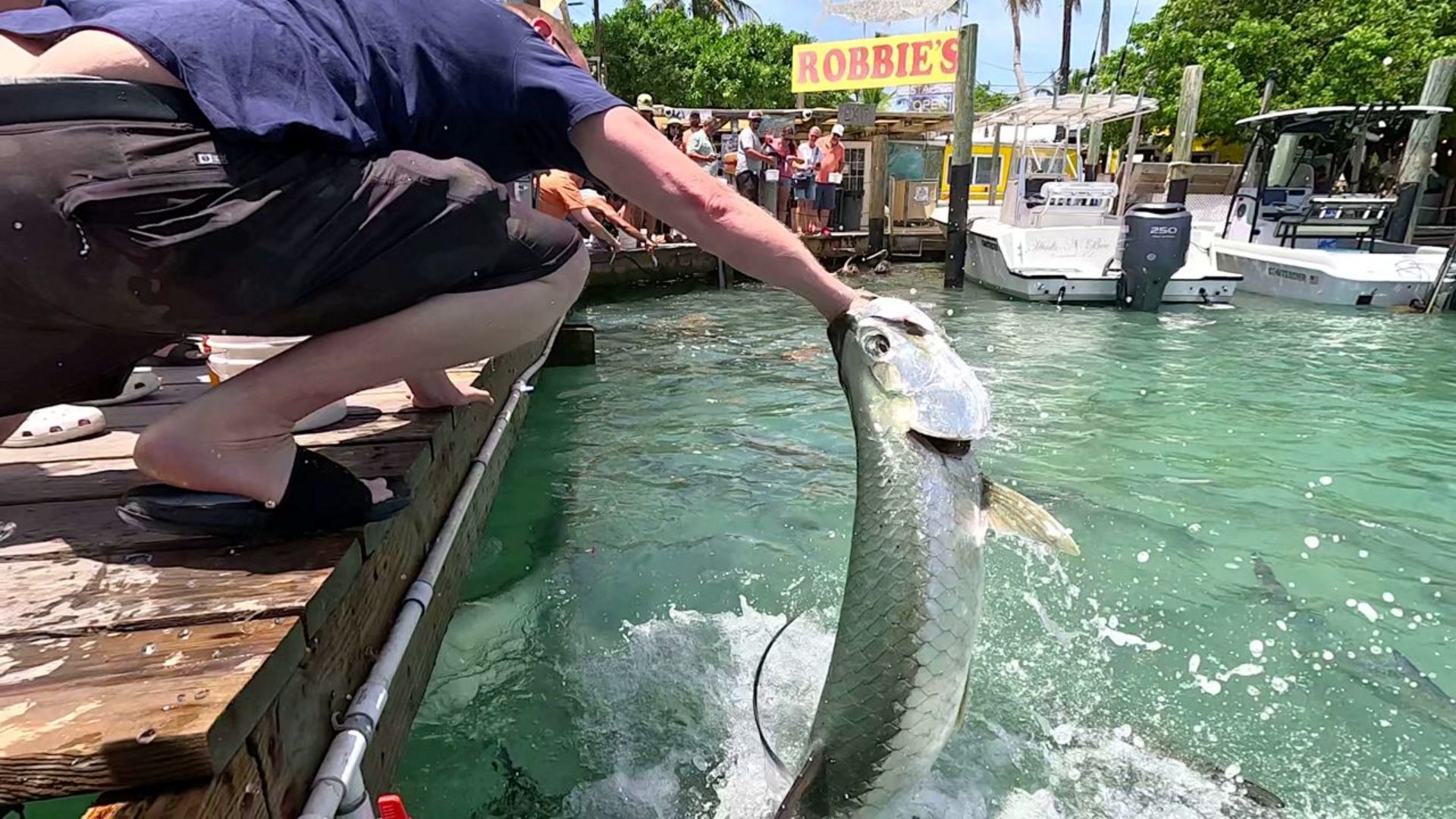 A man grips a fish being lifted from the water, capturing the thrill of a successful catch.
