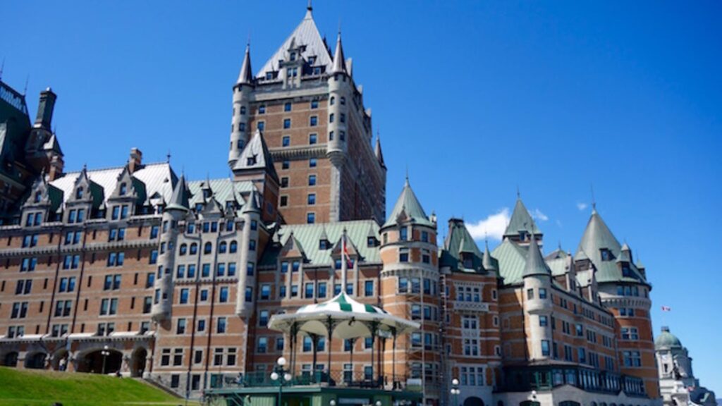 Chateau Frontenac in Quebec, a historic hotel with distinctive architecture, overlooking the St. Lawrence River.