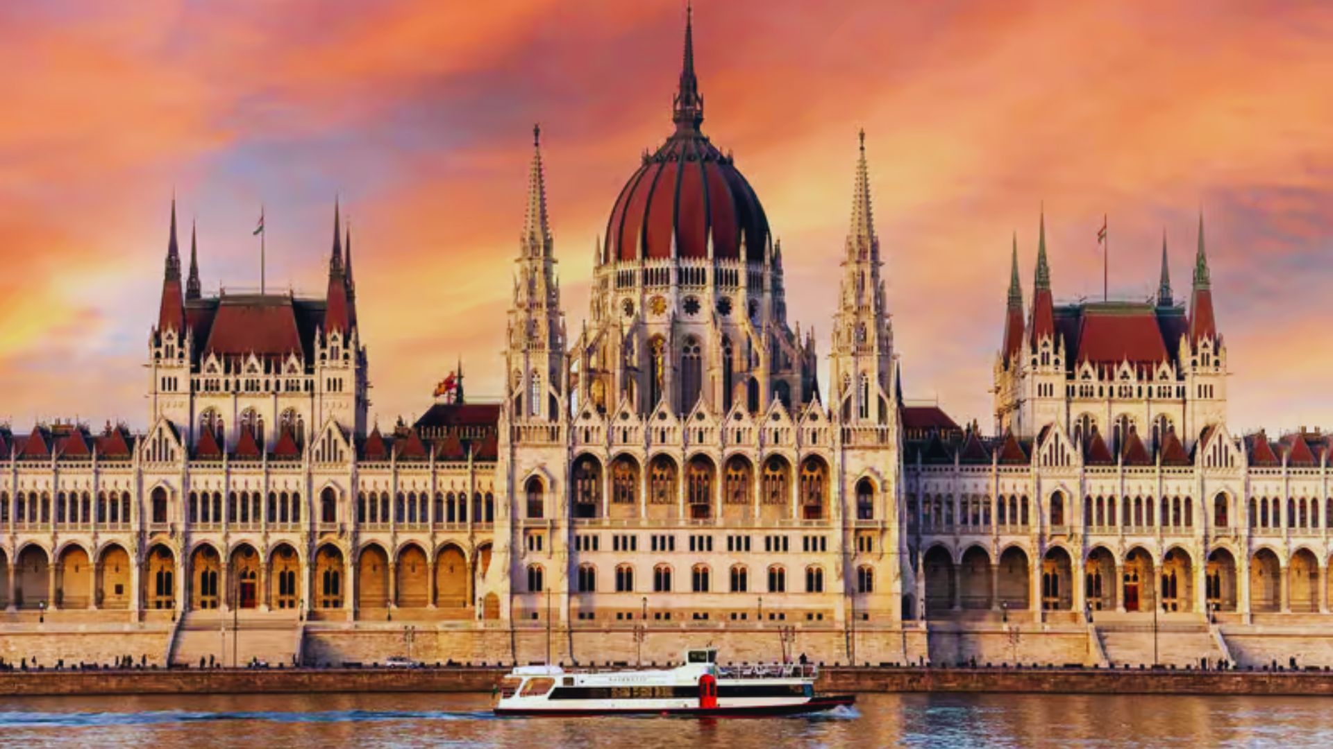 The Hungarian Parliament Building in Budapest, showcasing its stunning Gothic architecture and iconic dome.