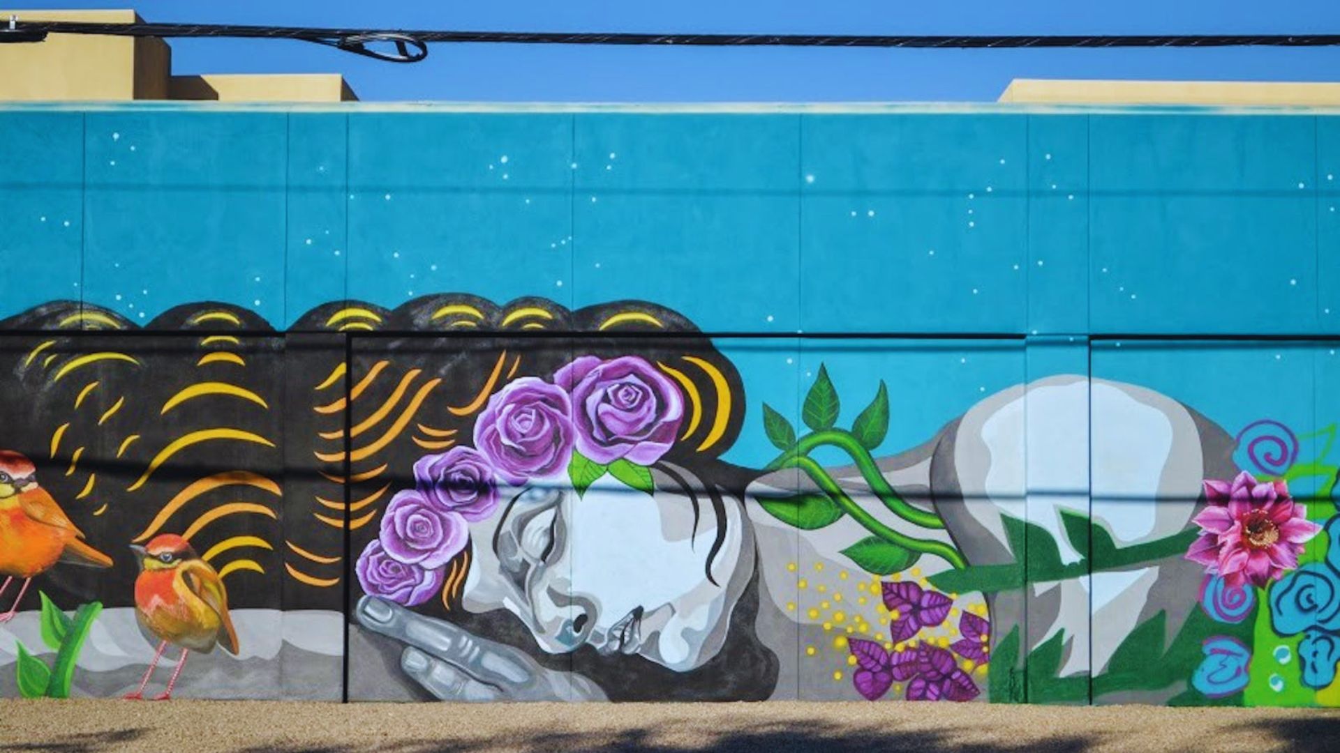 Mural depicting a woman with flowers adorning her face, showcasing vibrant colors and intricate details.