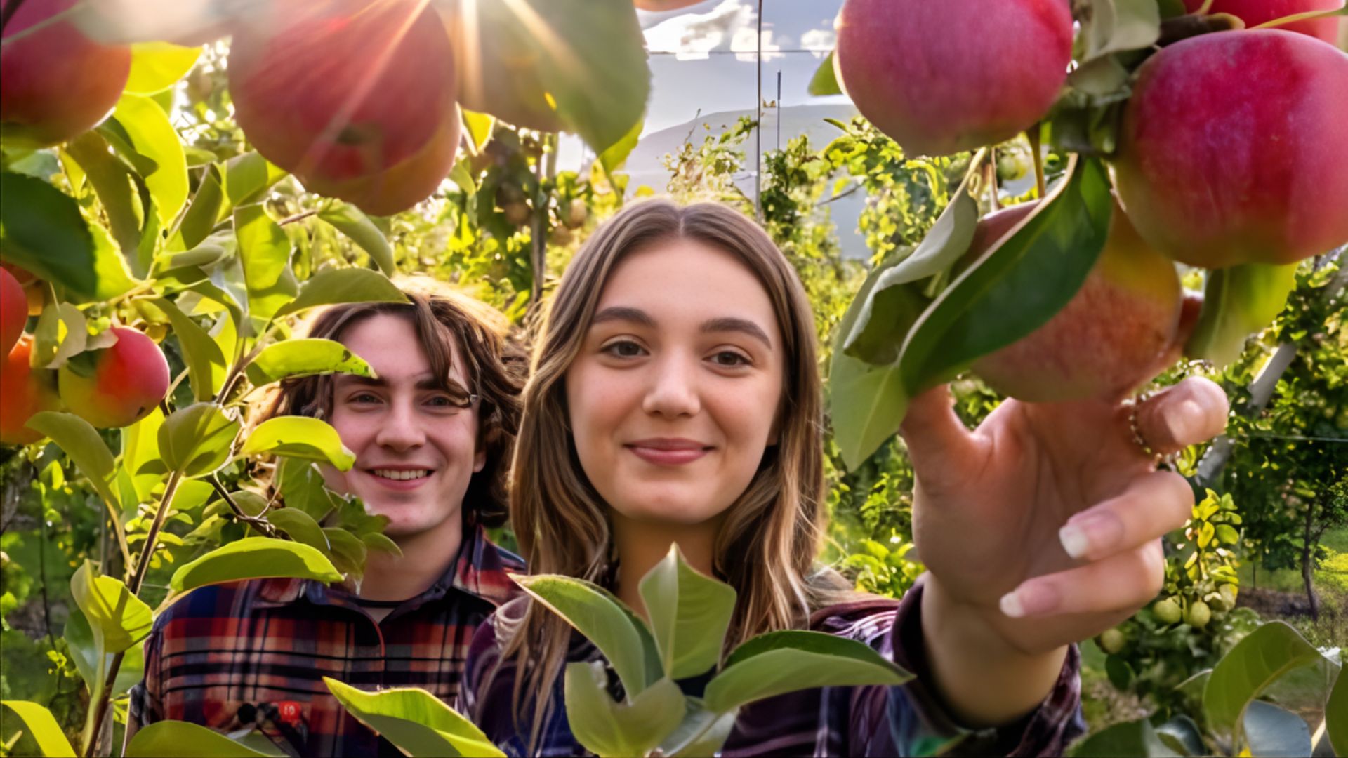 Two people stand among apple trees in an orchard, surrounded by ripe apples and lush green foliage.