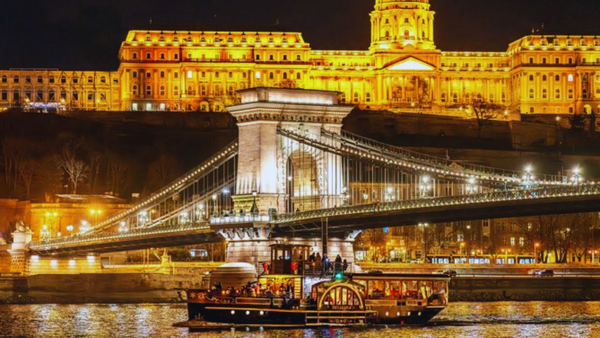 A boat glides beneath the Chain Bridge in Budapest, showcasing the city's iconic architecture and scenic river view.