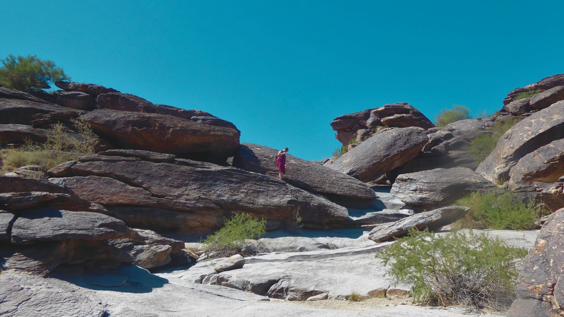 A person perched on a rock in the desert, surrounded by sandy dunes and a clear horizon.