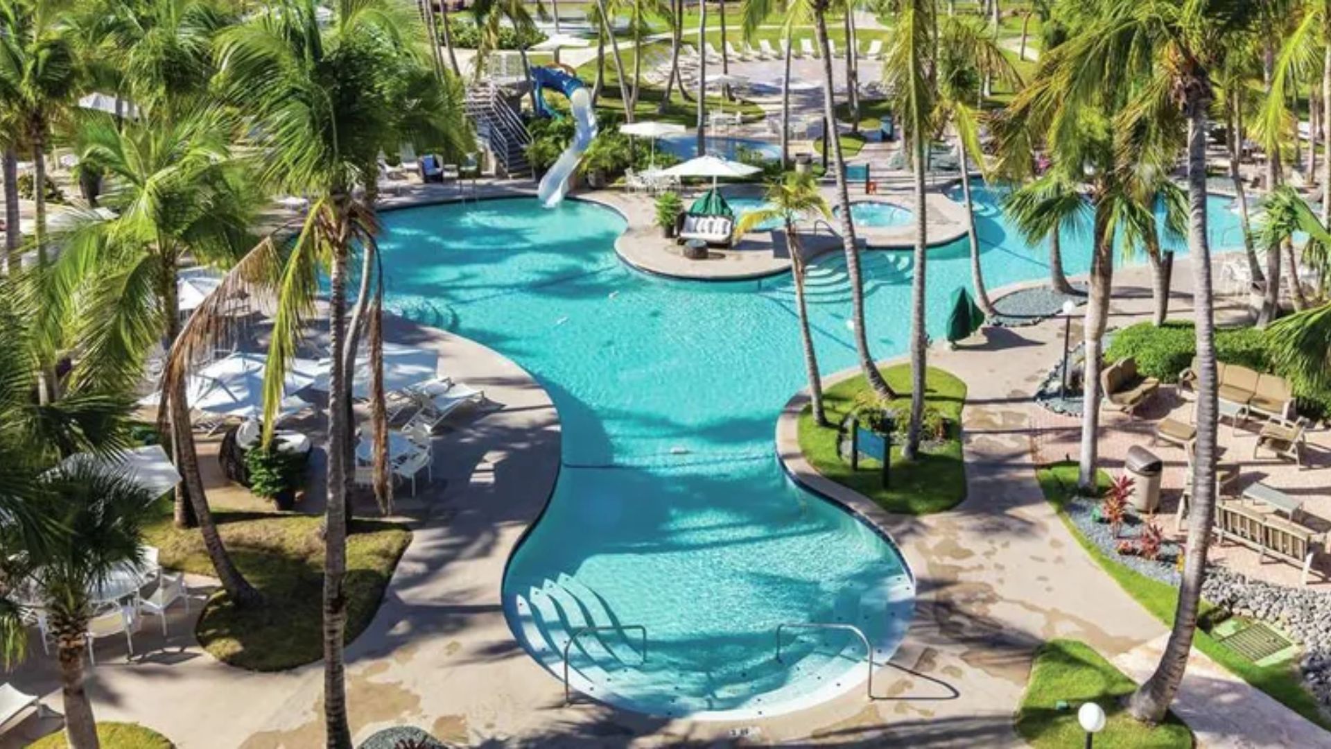 Overhead shot of the pool at Hilton Waikoloa Resort, featuring vibrant blue water and tropical landscaping.