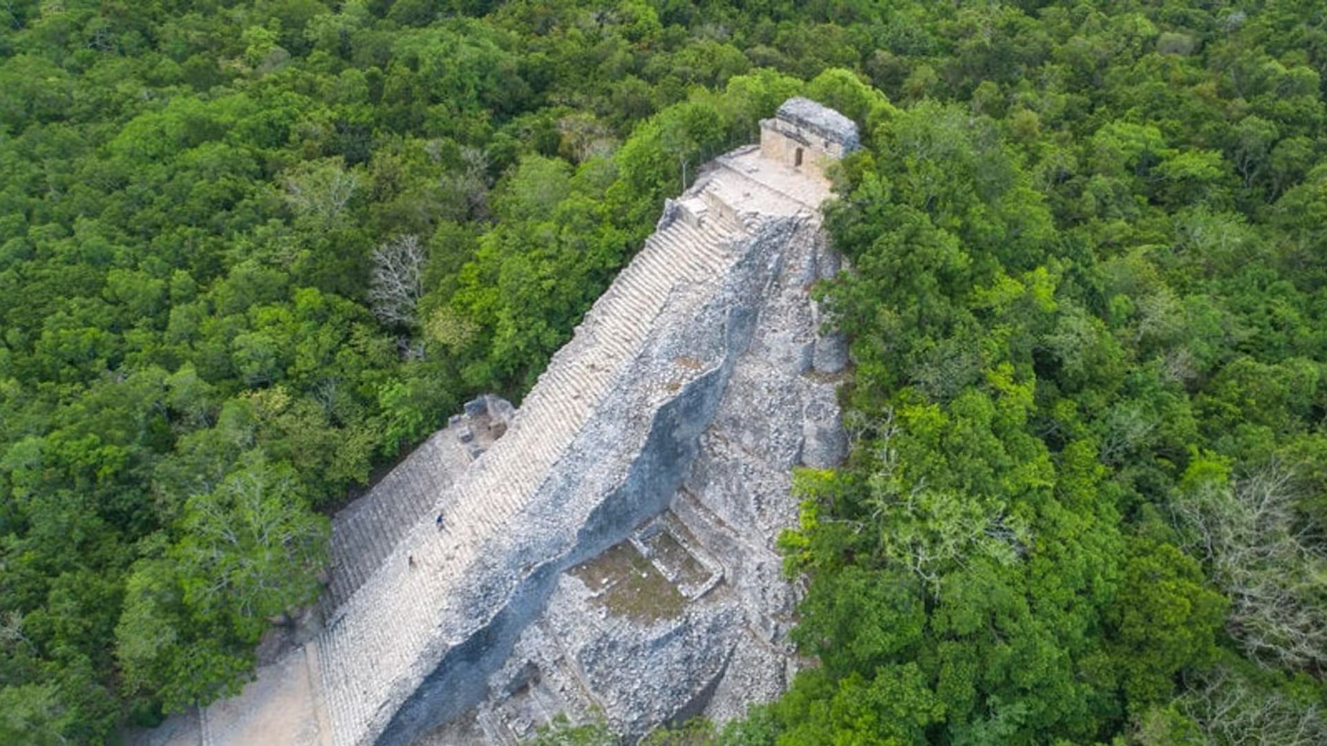 Aerial view of ancient Mayan ruins nestled within a dense jungle landscape, showcasing the site's historical significance.