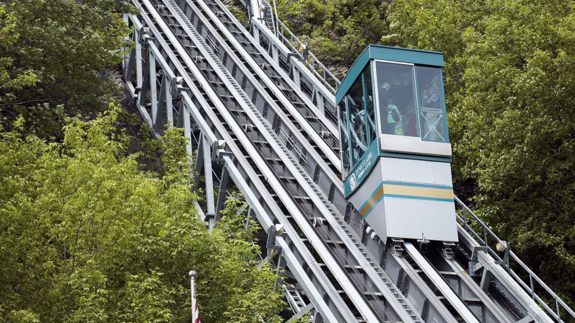 A cable car ascends a mountain, surrounded by lush greenery and rocky terrain.