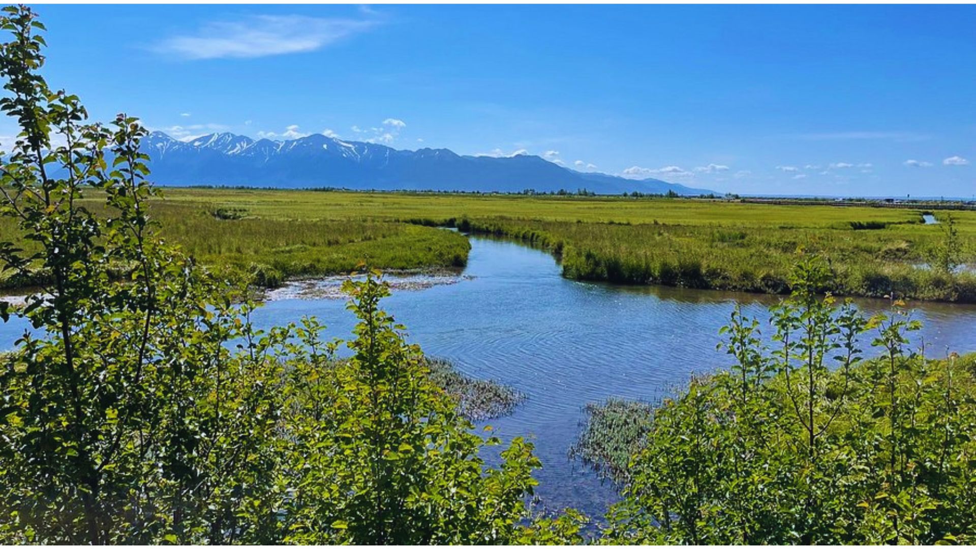 A serene river flows with majestic mountains rising in the background under a clear blue sky.
