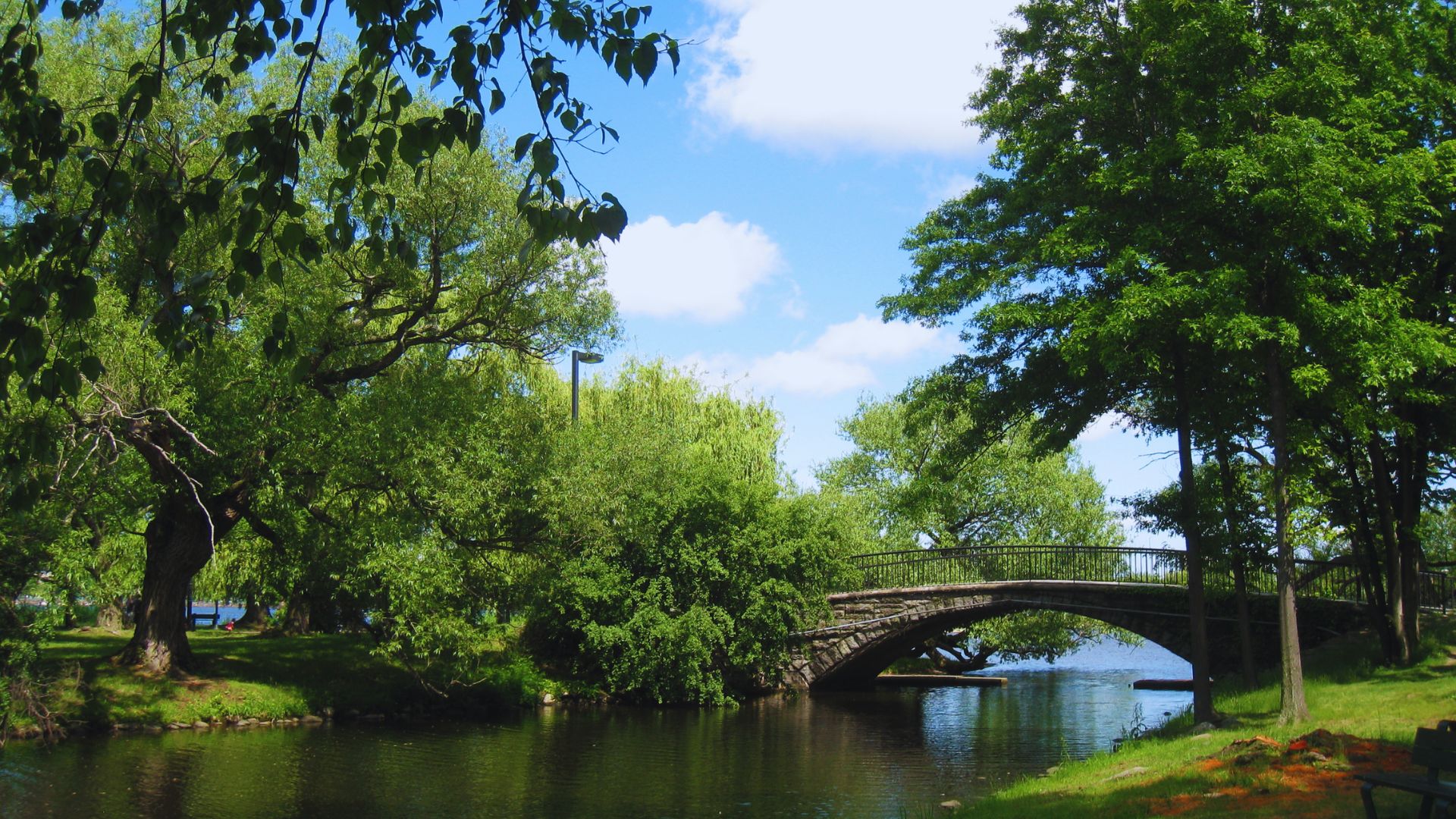 A bridge arches over a flowing river, surrounded by lush greenery and a bright sky.