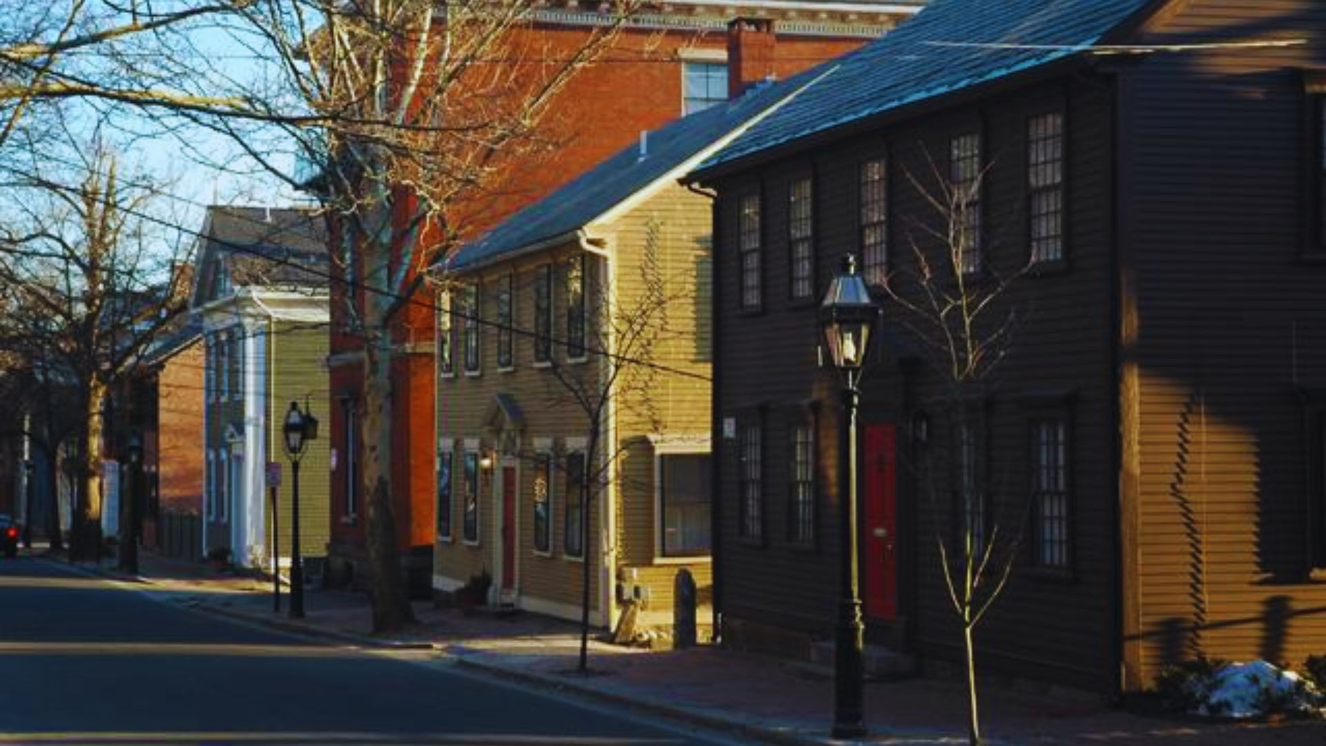 A street lined with various buildings and lush green trees, creating a vibrant urban landscape.