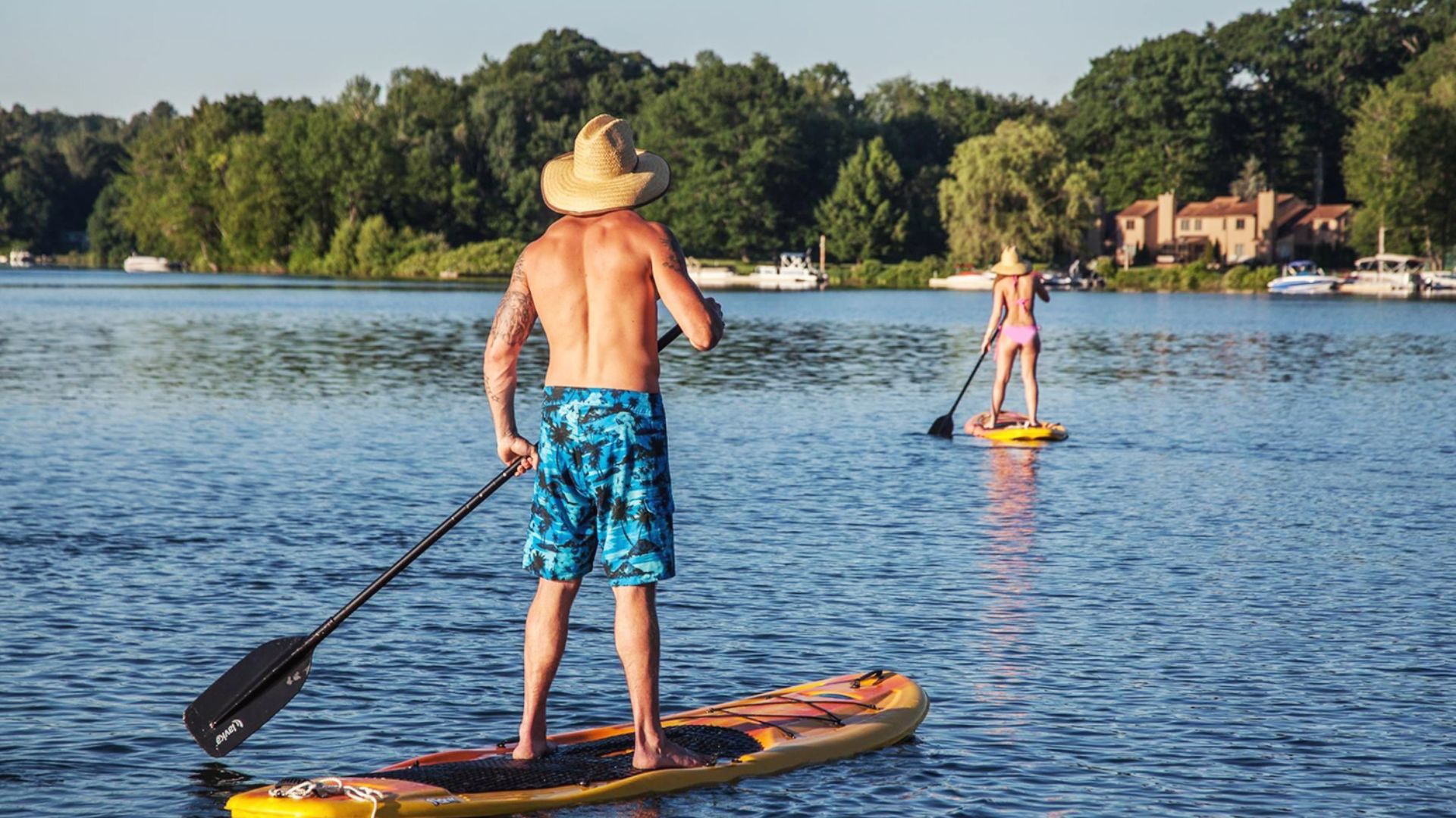 A man and woman paddleboarding together on a serene lake surrounded by trees and a clear blue sky.