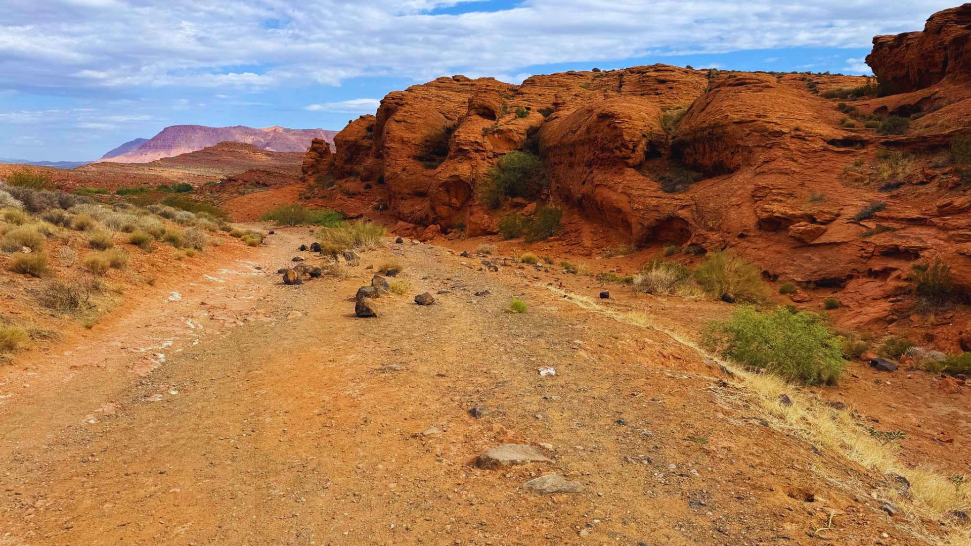 A dirt road winds through a desert landscape, flanked by scattered rocks and sparse trees under a clear blue sky.