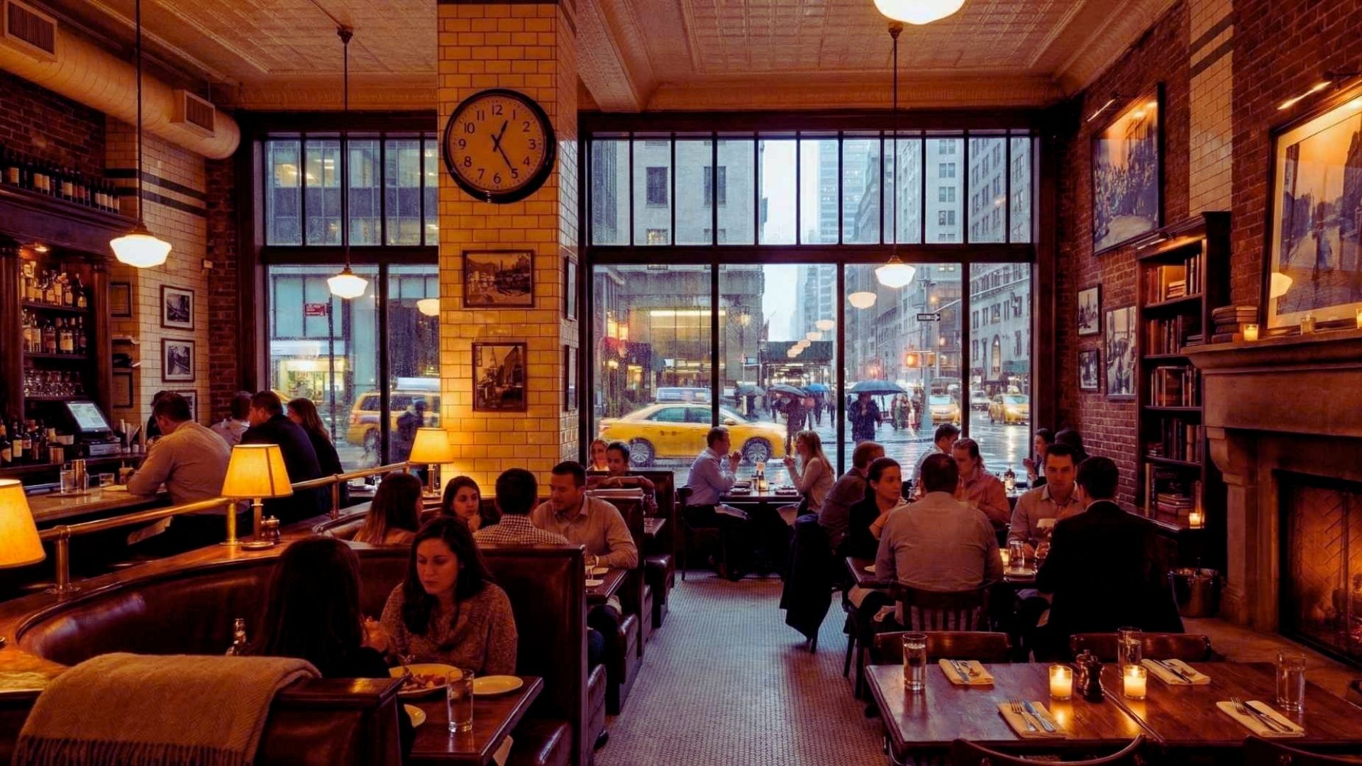 A bustling restaurant interior with diners seated at tables, enjoying their meals and engaging in conversation.