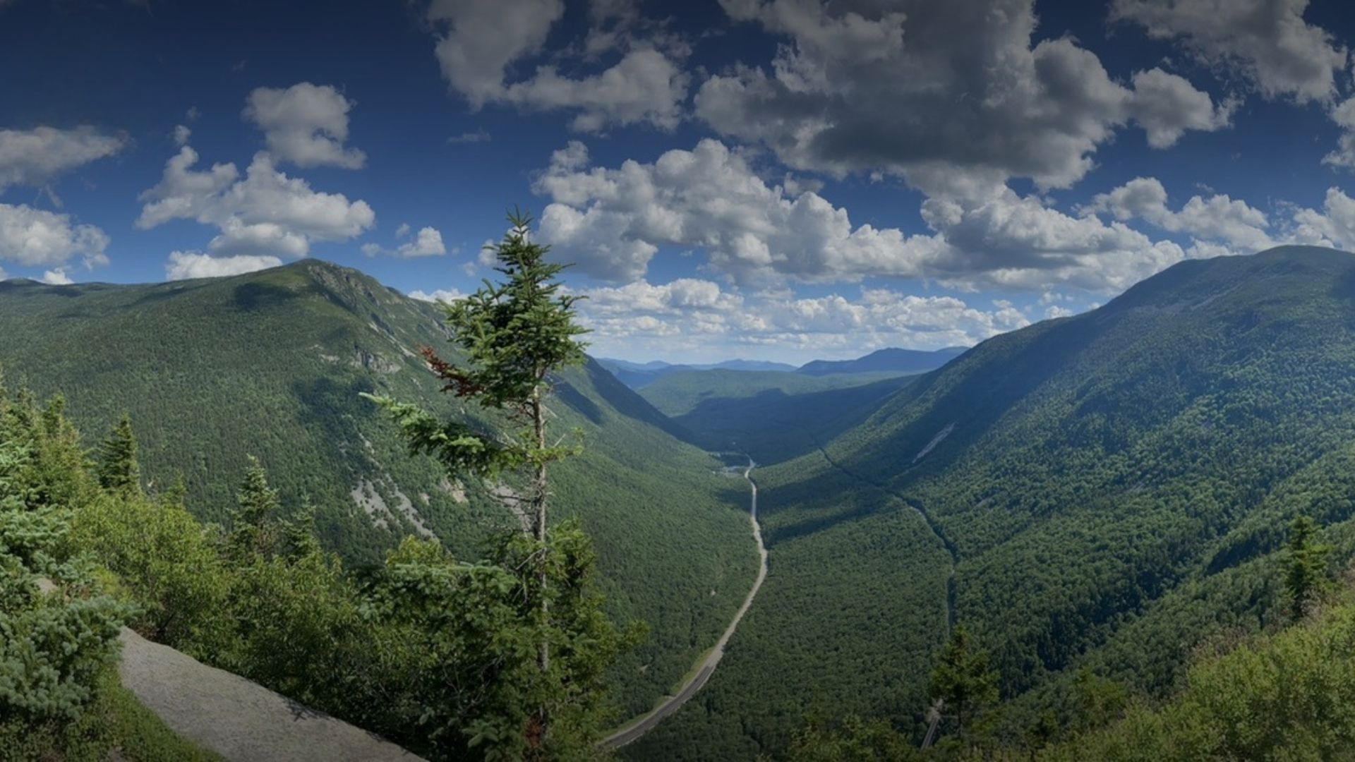 Scenic view of majestic mountains surrounded by lush green trees under a clear blue sky.