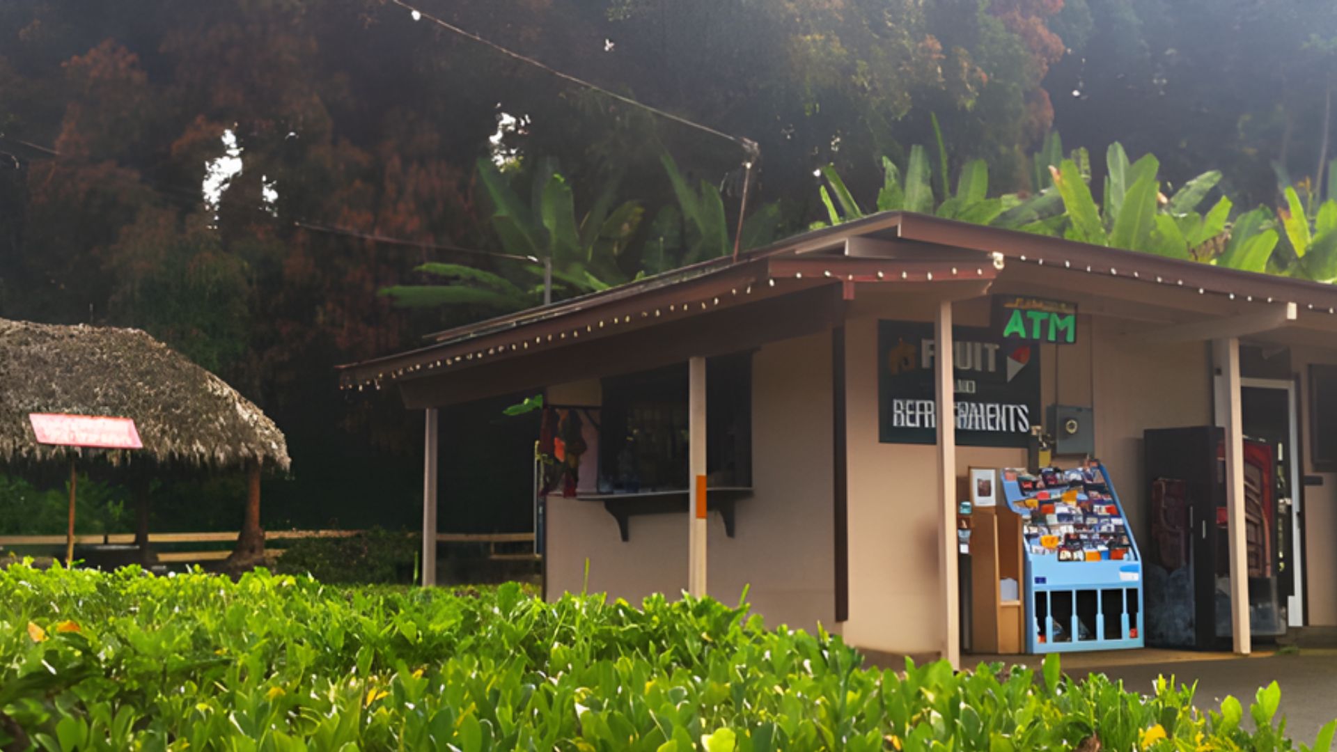 . A quaint hut featuring a sign that says "tiki hut," inviting visitors to enjoy its tropical ambiance.
