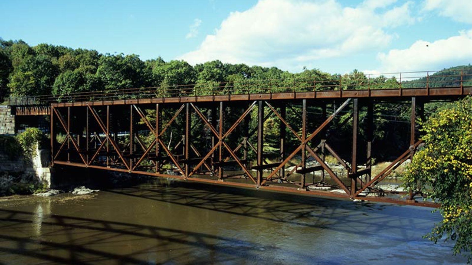 A train bridge spans a river, surrounded by dense woods, showcasing a serene natural landscape.