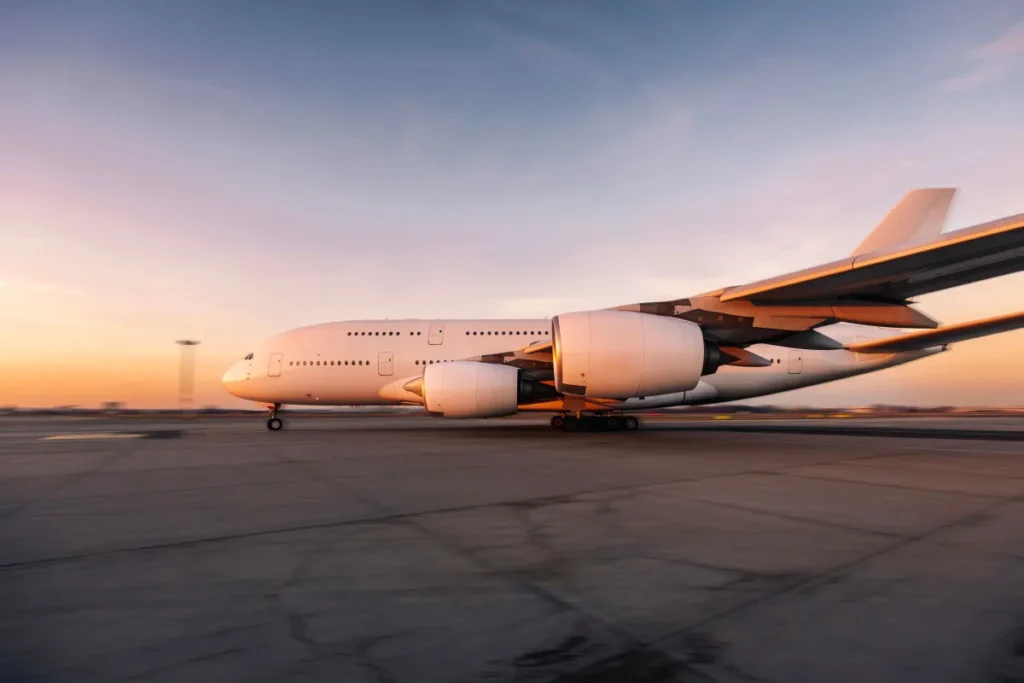 A large white airplane taxis on a runway at sunrise, with a vivid orange and pink sky in the background, conveying a sense of serenity and early morning travel.