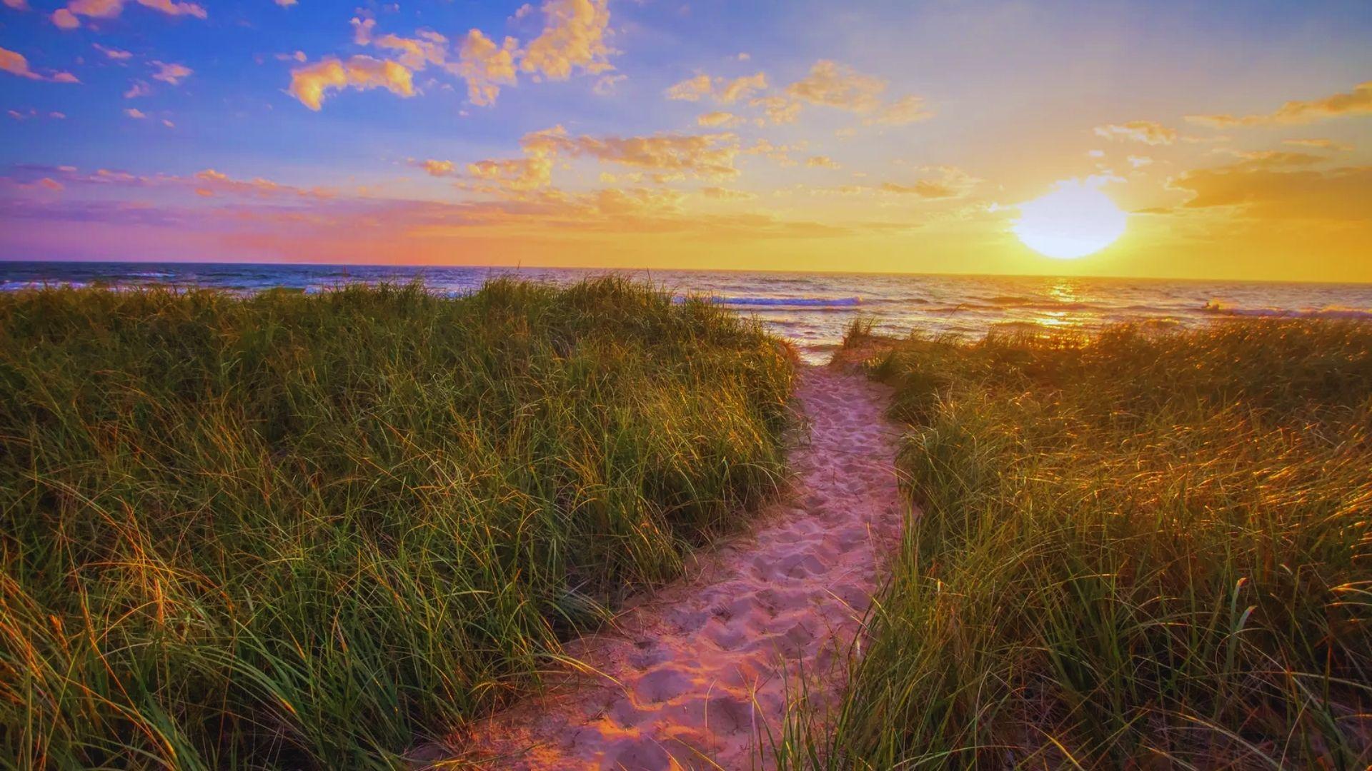 A sandy path through the dunes leading to the beach, illuminated by a vibrant sunset sky.