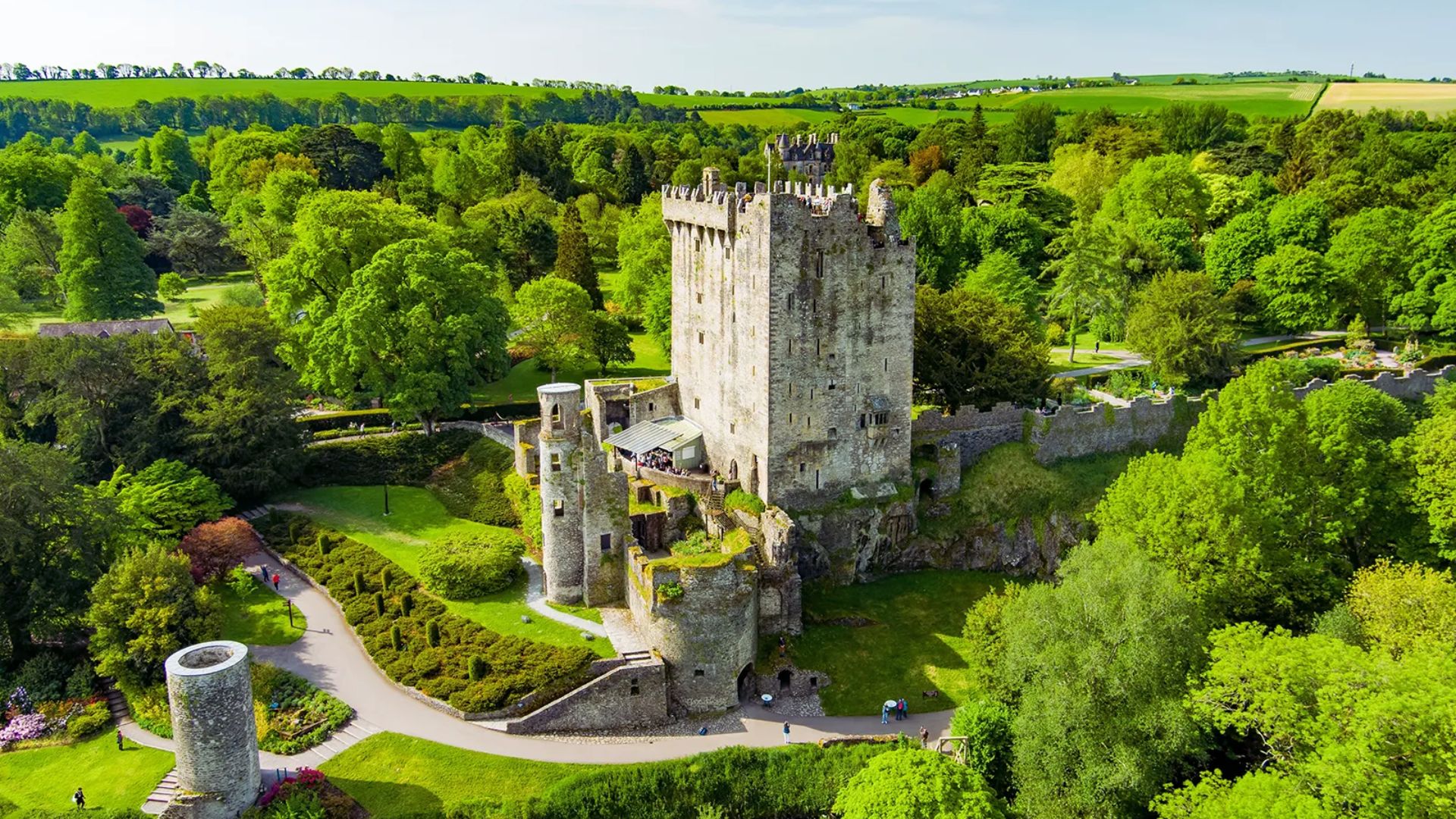 Aerial view of a castle nestled among lush green trees, showcasing its grandeur and surrounding natural landscape.