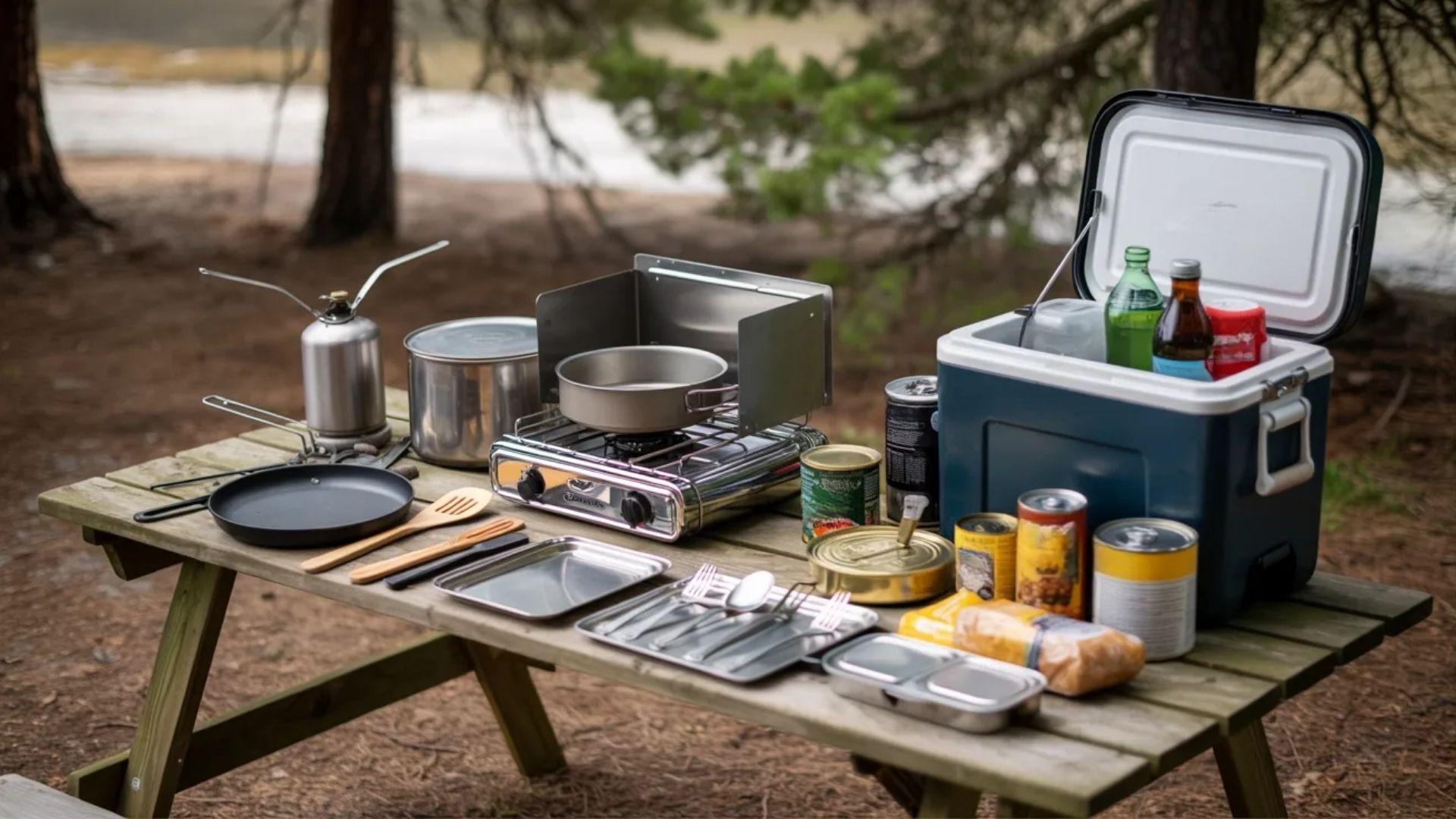 A picnic table displaying camping gear, such as a cooler, plates, and a basket, ready for an outdoor meal.