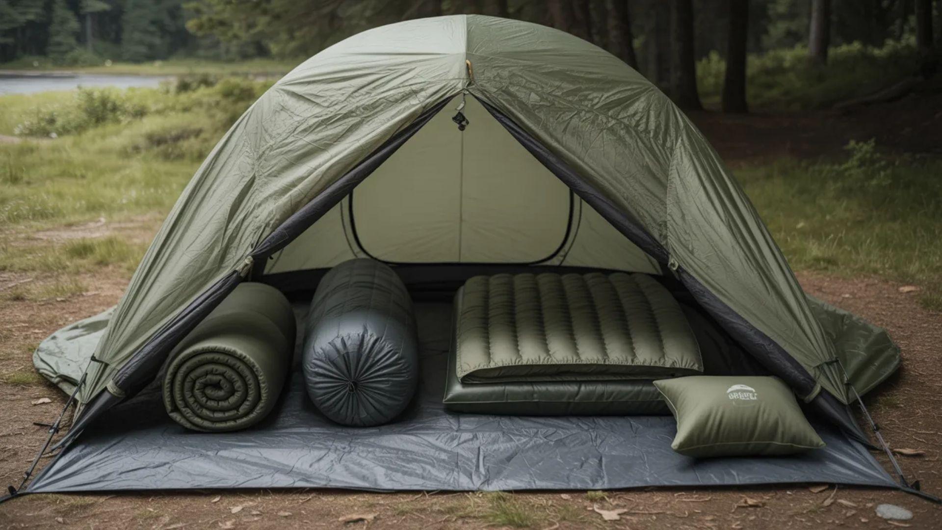 Inside a tent, a sleeping bag and pillow are set up alongside various camping items for a cozy night outdoors.