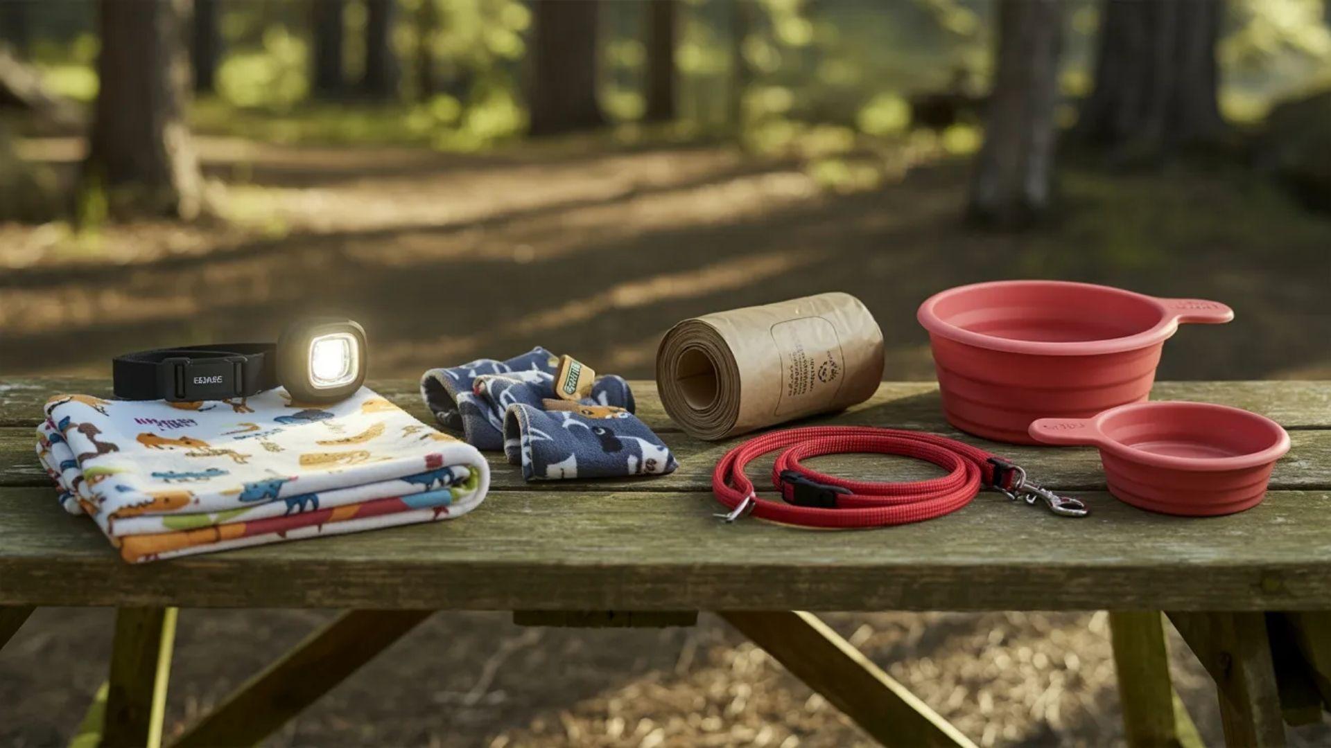 A picnic table displaying a flashlight, a red cup, a towel, and a red dog collar arranged neatly on its surface.